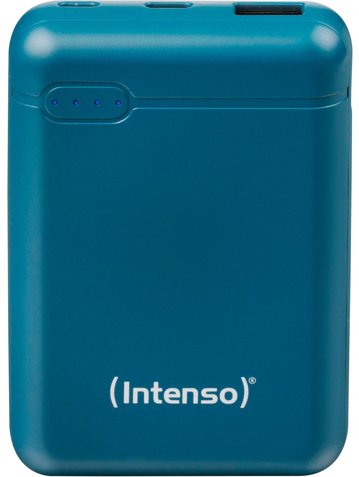Kék hordozható power bank az (Intenso) szóval nyomtatva.