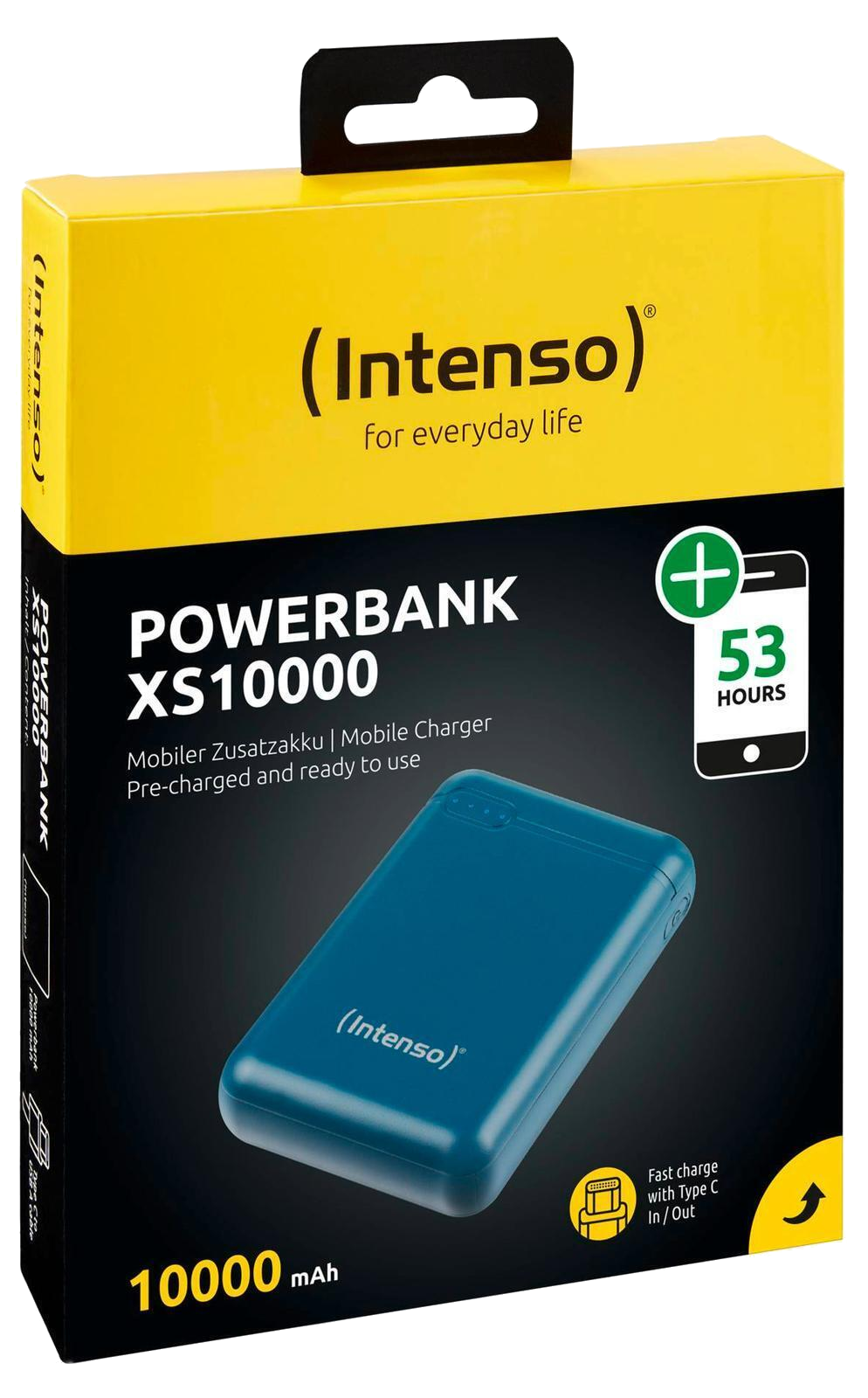 Kék power bankot tartalmazó doboz, sárga és fekete színek, 'POWERBANK' felirattal.