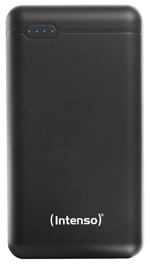 Egy fekete power bank, rajta az (Intenso) szóval. 4 kék lámpa van rajta.