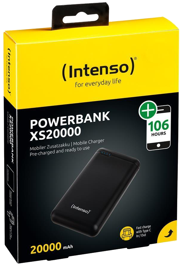 Egy power bank doboza. Sárga és fekete. A dobozon a 'POWERBANK XS20000' felirat látható, a készülék képével.