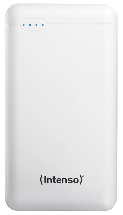 Fehér power bank az 'Intenso' márkanévvel.