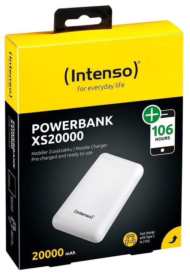 Fehér power bank sárga-fehér dobozban, 'Intenso' márkajelzéssel.
