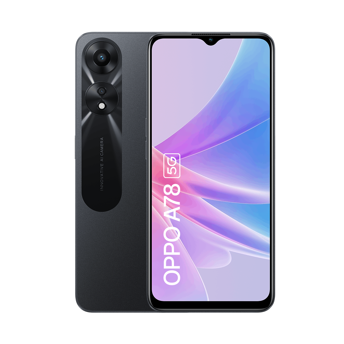 Smartphone negro y gris. Oppo A78 5G está escrito en la pantalla. Dos cámaras.