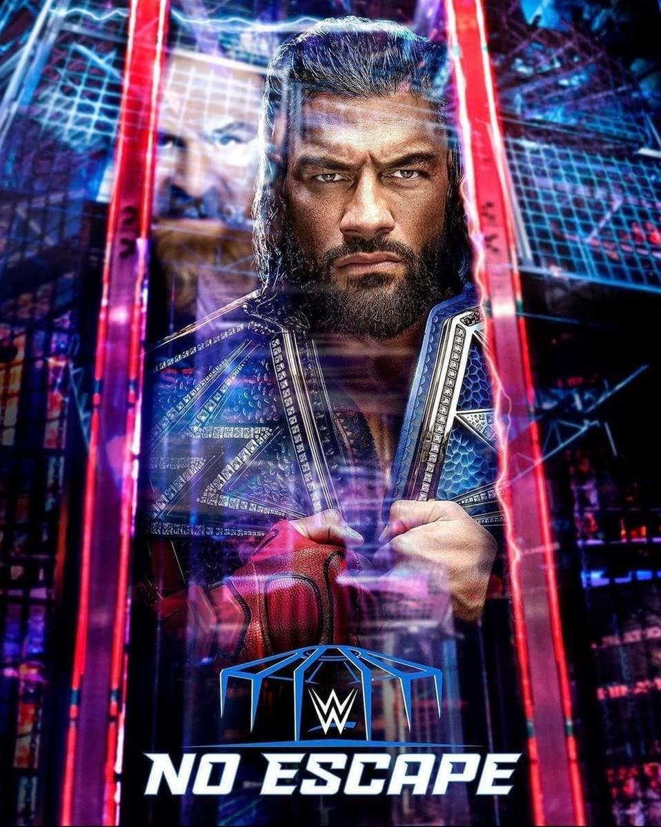 Poster des WWE-Wrestlers Roman Reigns mit Meisterschaftsgürtel und dem Schriftzug 'No Escape'.