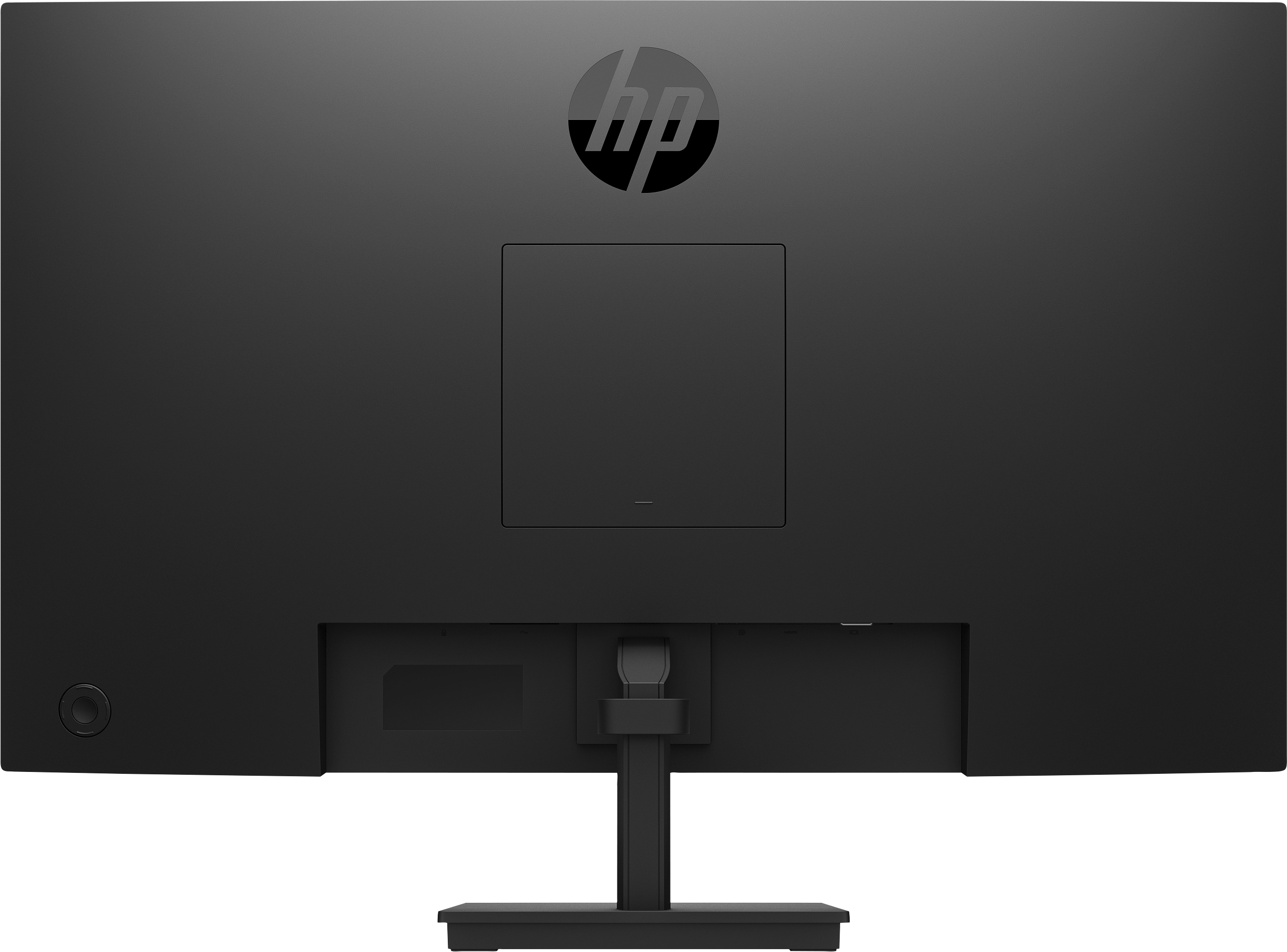 Écran d'ordinateur noir. L'arrière de l'écran avec un support et le logo HP en haut.