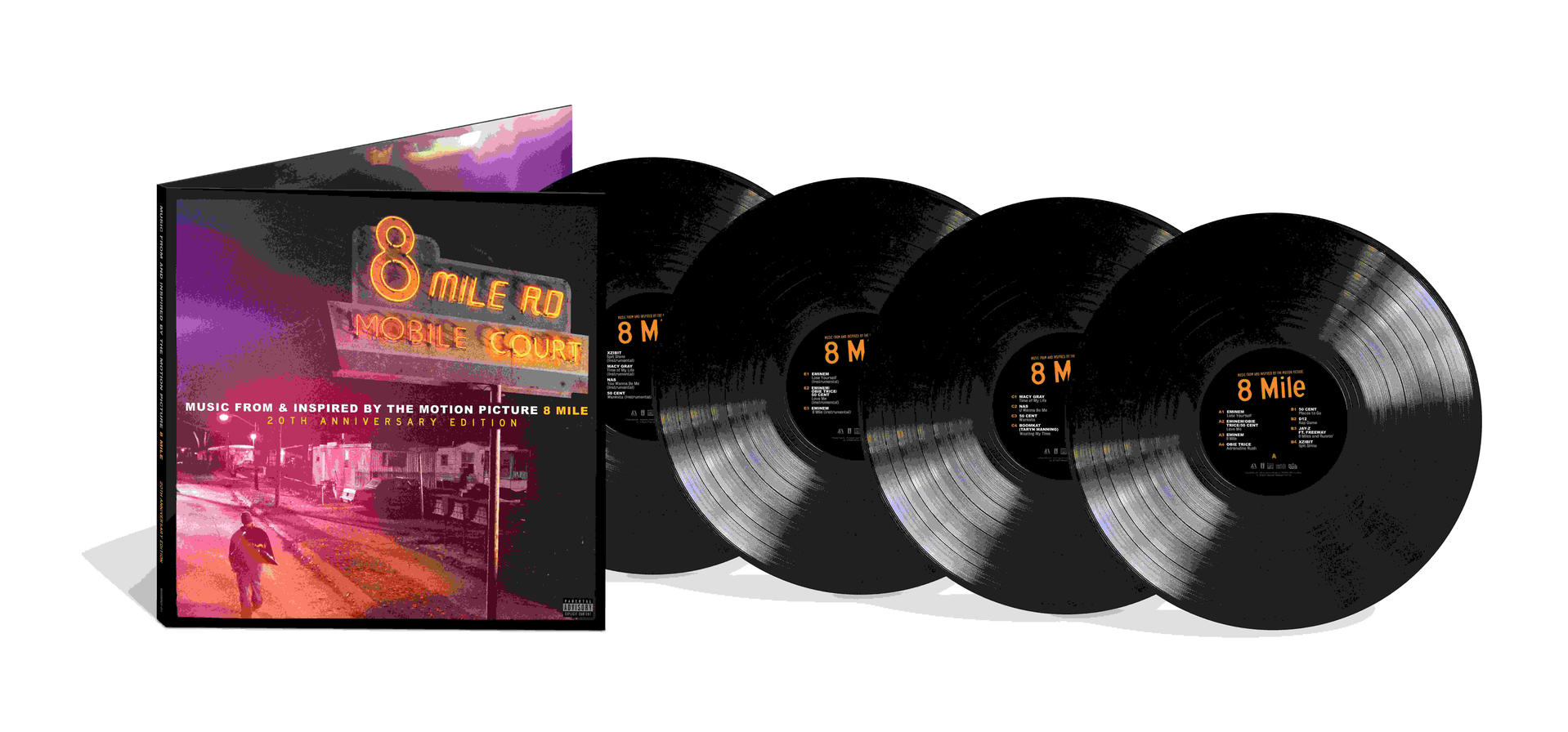 Ensemble de disques vinyles du film 8 Mile, avec la pochette de l'album.