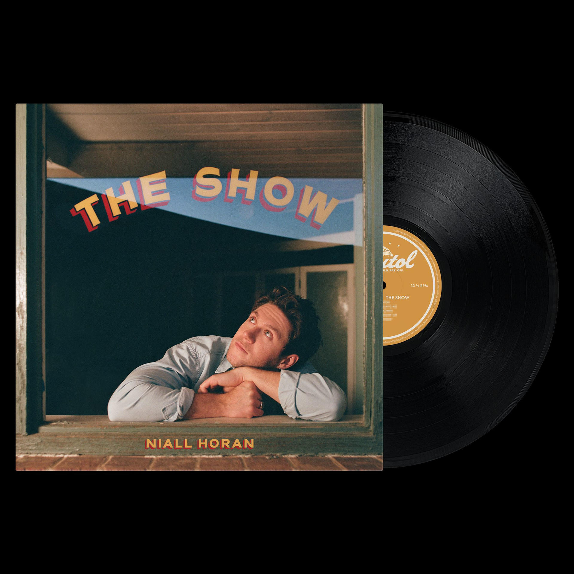 Pochette d'album avec un homme regardant par la fenêtre. Disque vinyle à droite. Fond noir.