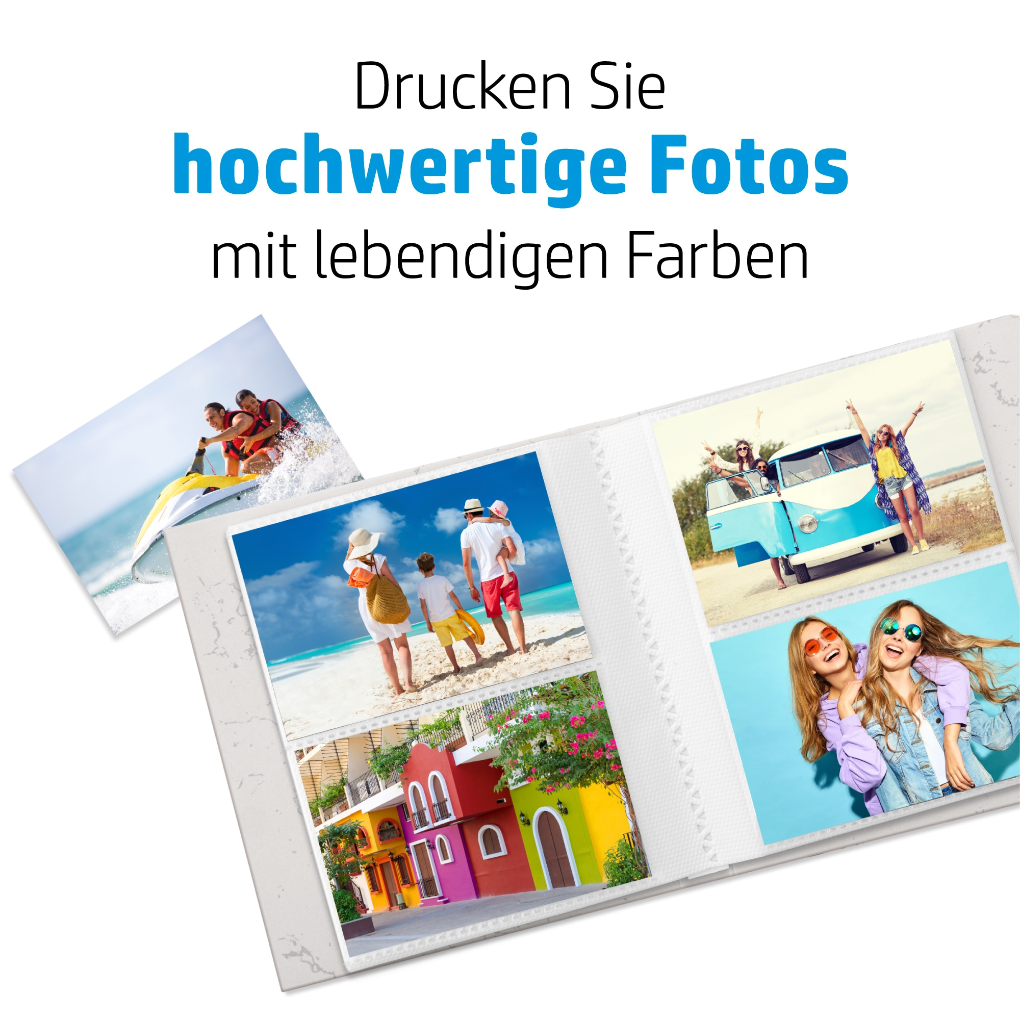 Fotoalbum mit Fotos von Leuten, die Spaß haben, Text: 'Drucken Sie hochwertige Fotos'.