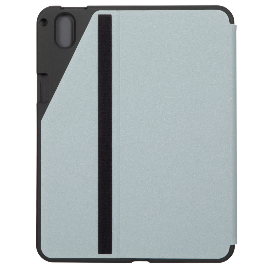 Funda para tableta azul claro con marco negro, correa negra y recorte para cámara.