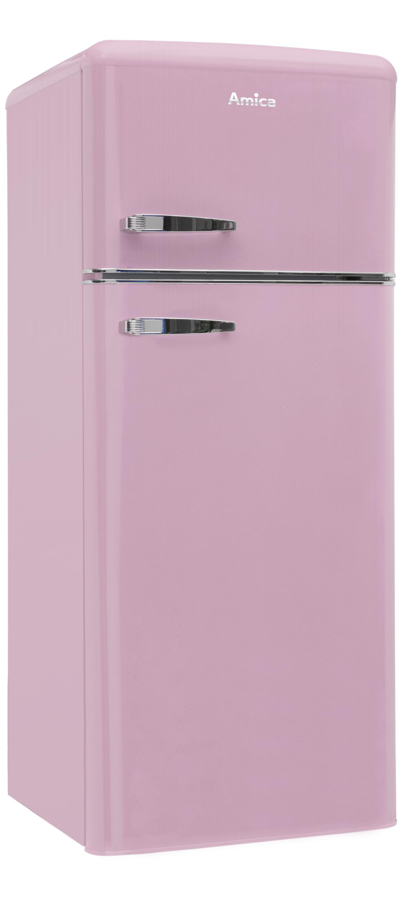 Rosa Kühlschrank. Es ist ein Kühlschrank im Retro-Stil mit einem oberen Gefrierfach und Chromgriffen.