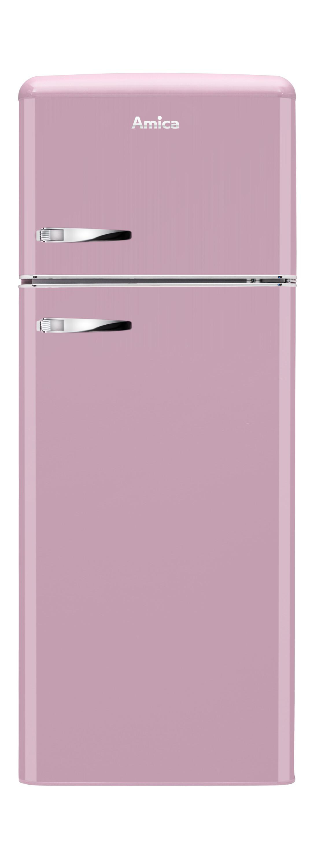 Ein rosa Amica-Kühlschrank mit zwei Türen und silbernen Griffen, vor weißem Hintergrund.