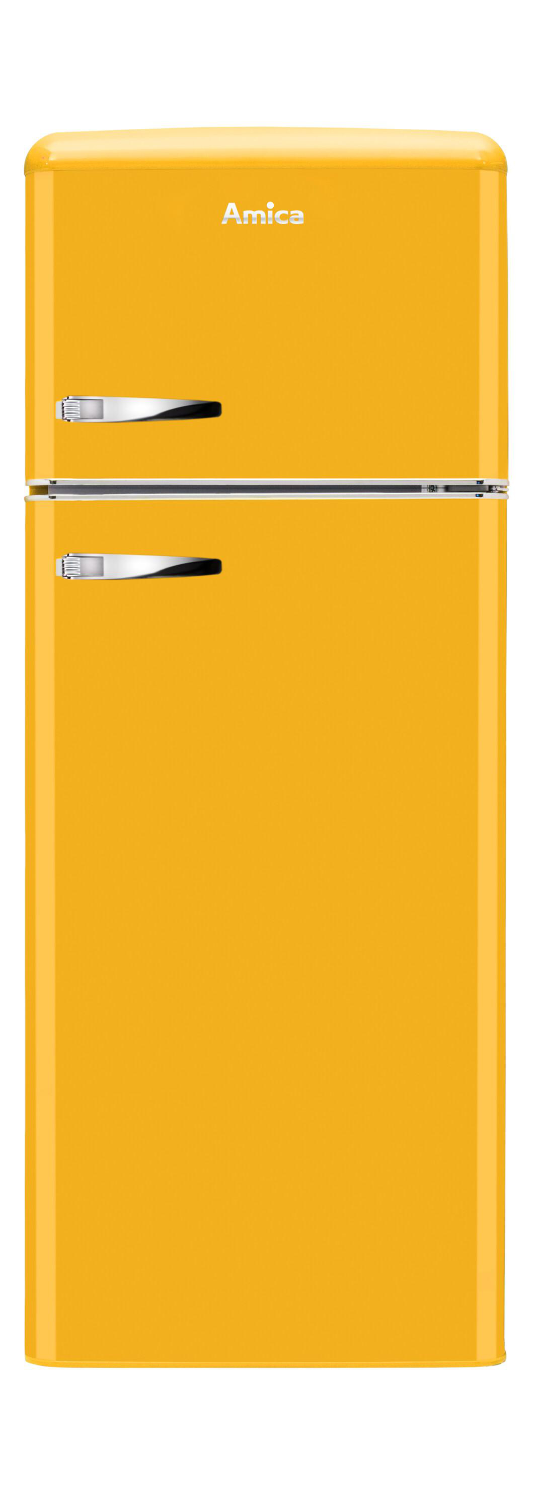 Ein senfgelber Kühlschrank mit Retro-Design, zwei Türen und silbernen Griffen, weißer Hintergrund.