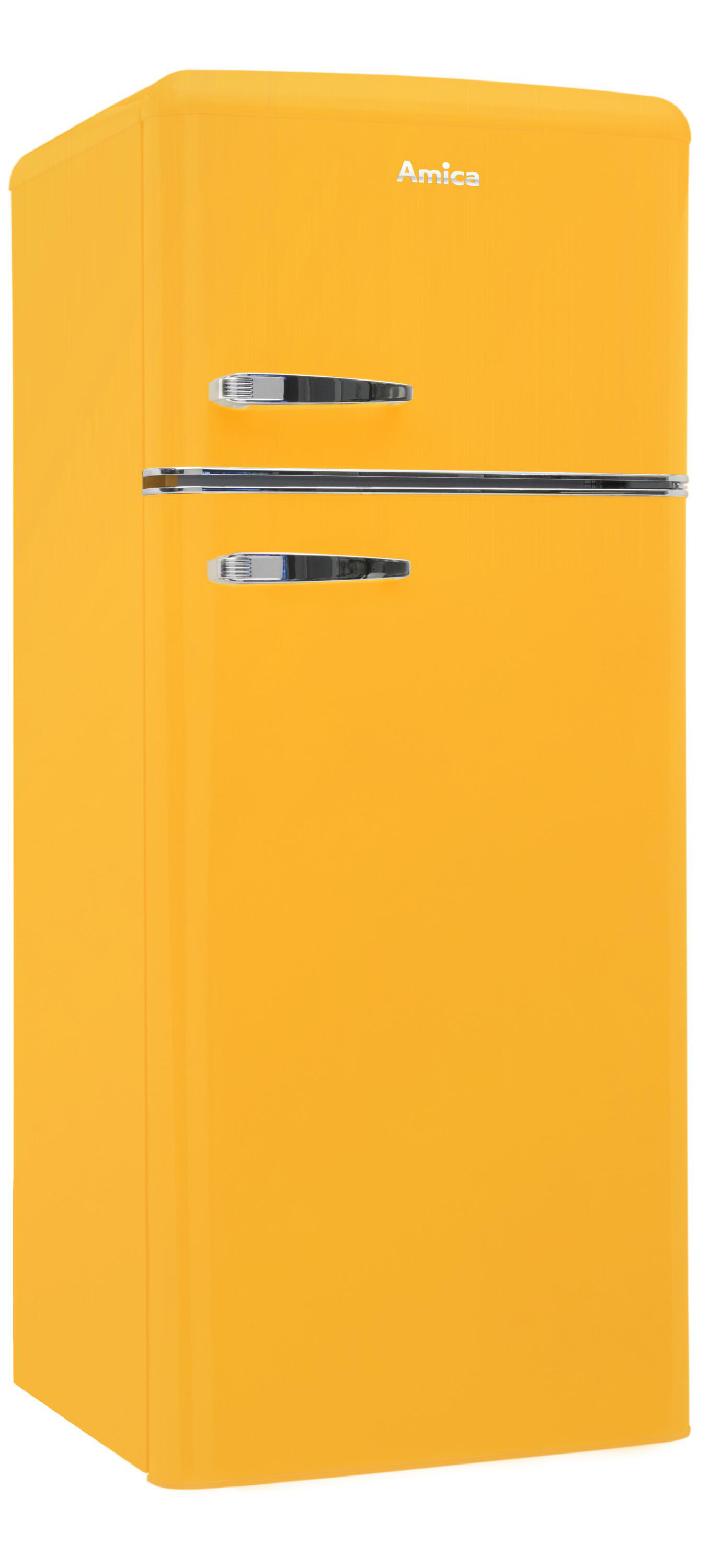 Gelber Retro-Kühlschrank mit zwei Fächern und silbernen Griffen.
