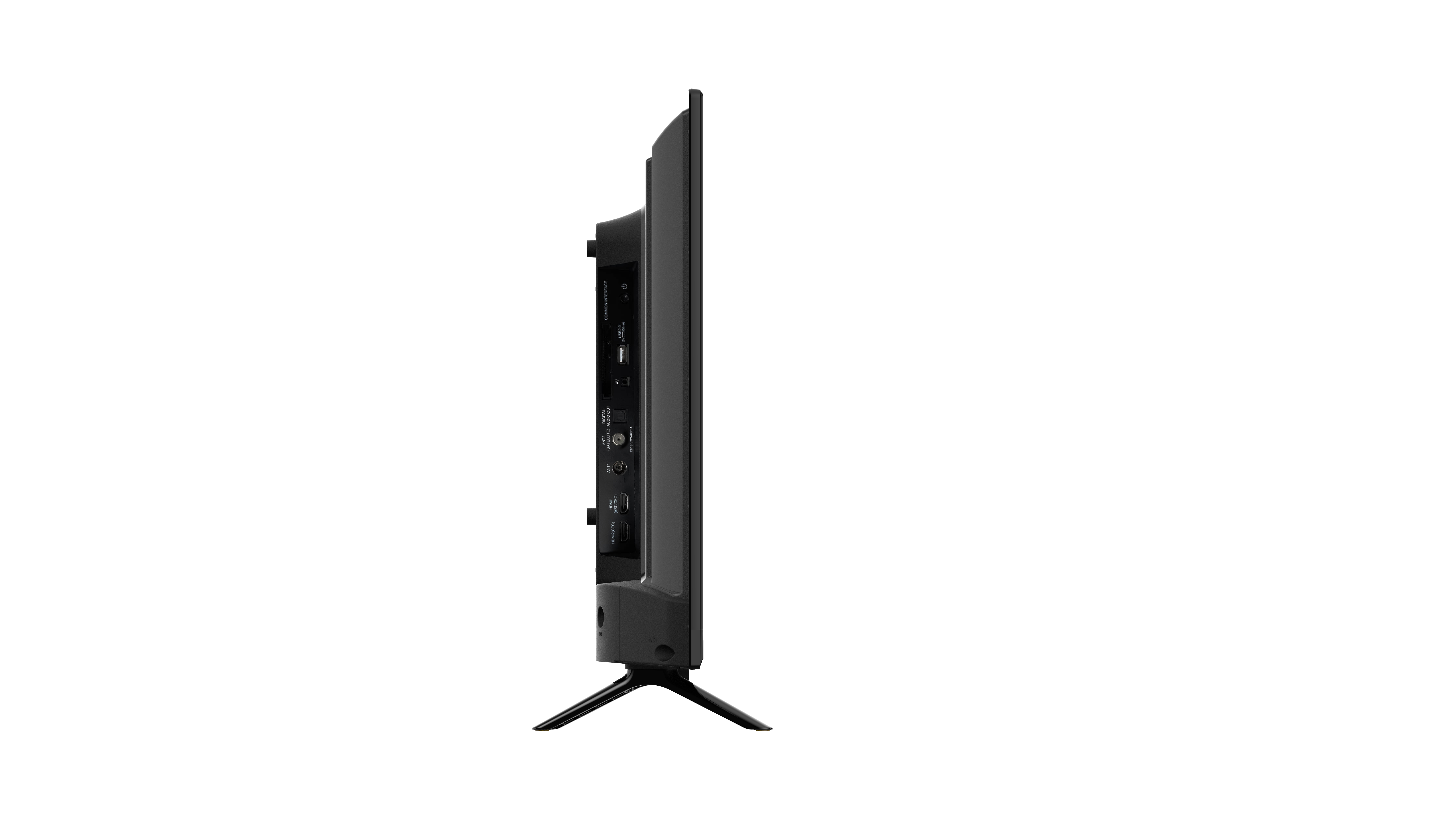 Vista lateral de un televisor negro con soporte y puertos.
