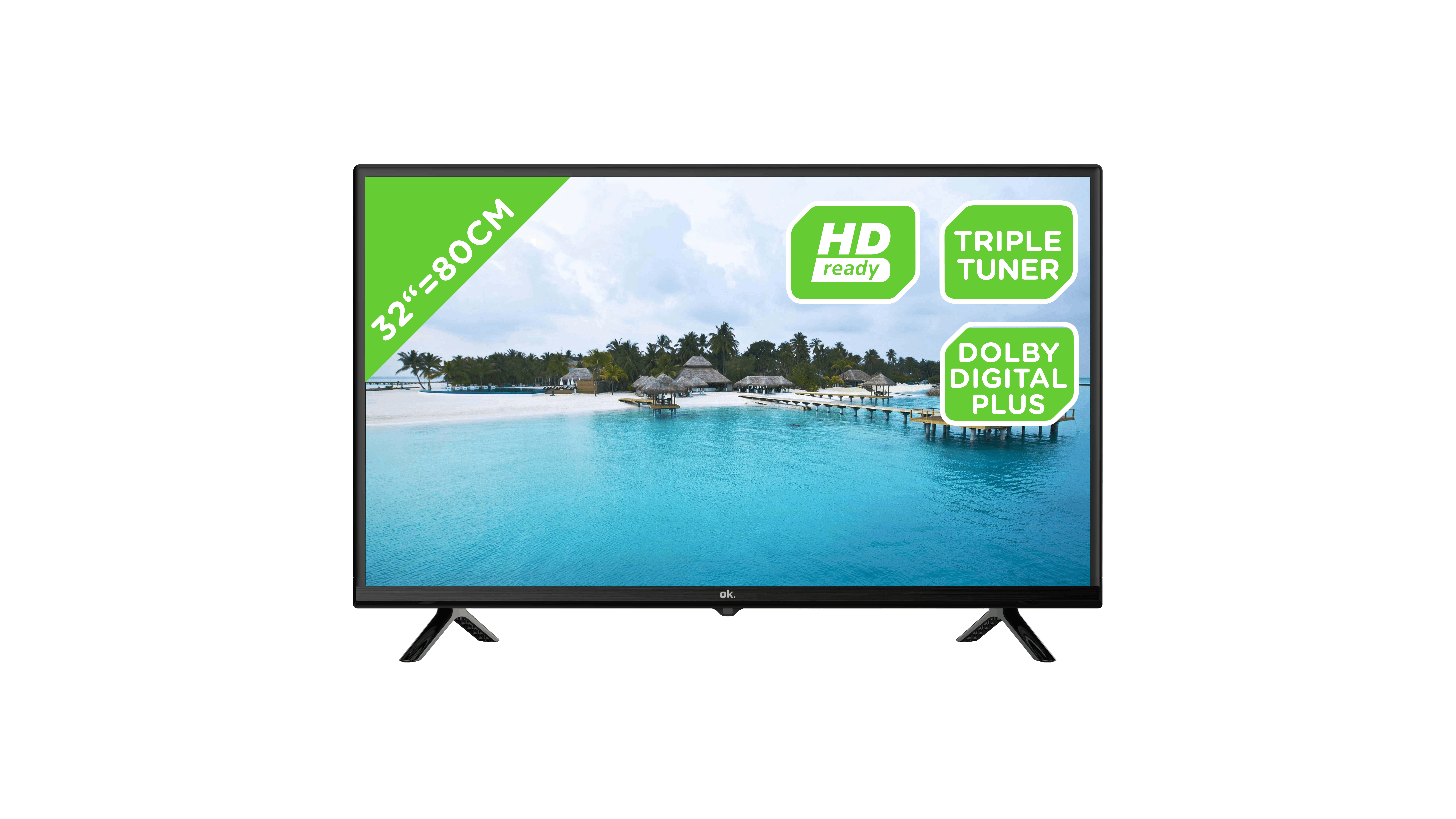 Pantalla de TV negra con una playa tropical. Texto verde: HD ready, triple sintonizador, Dolby Digital Plus.