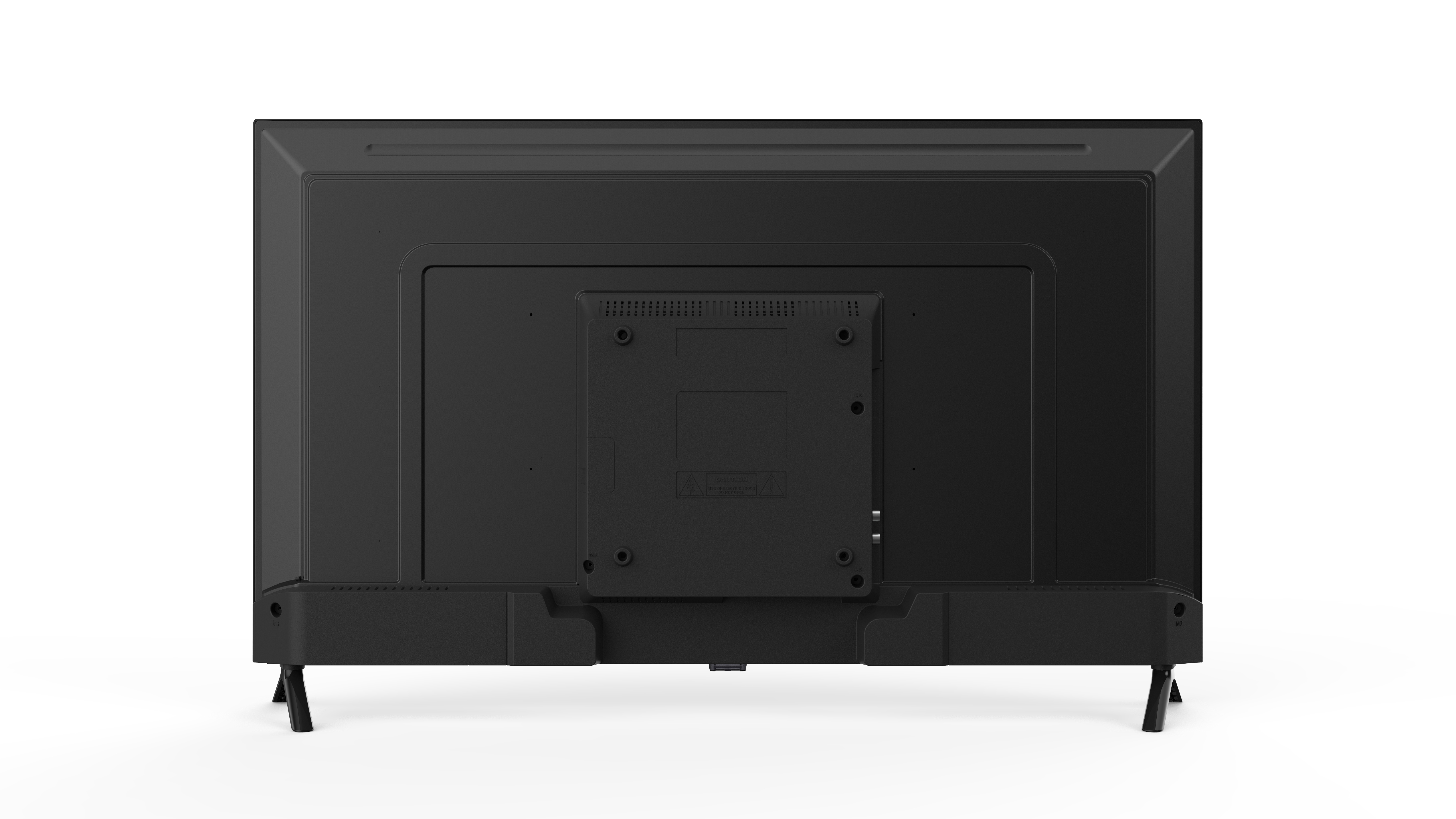 Vista trasera de un televisor de pantalla plana negro sobre un fondo blanco. Las patas y los puertos son visibles.
