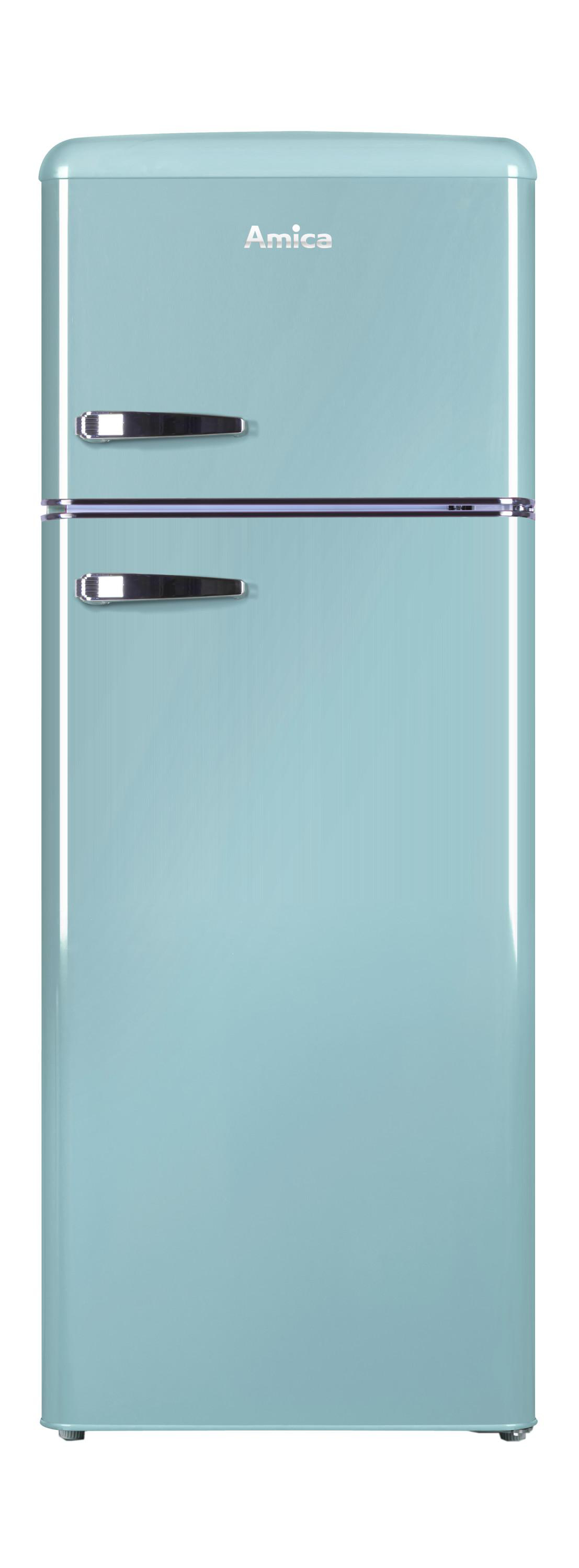 Hellblauer Retro-Kühlschrank mit zwei Türen und einem silbernen Griff.