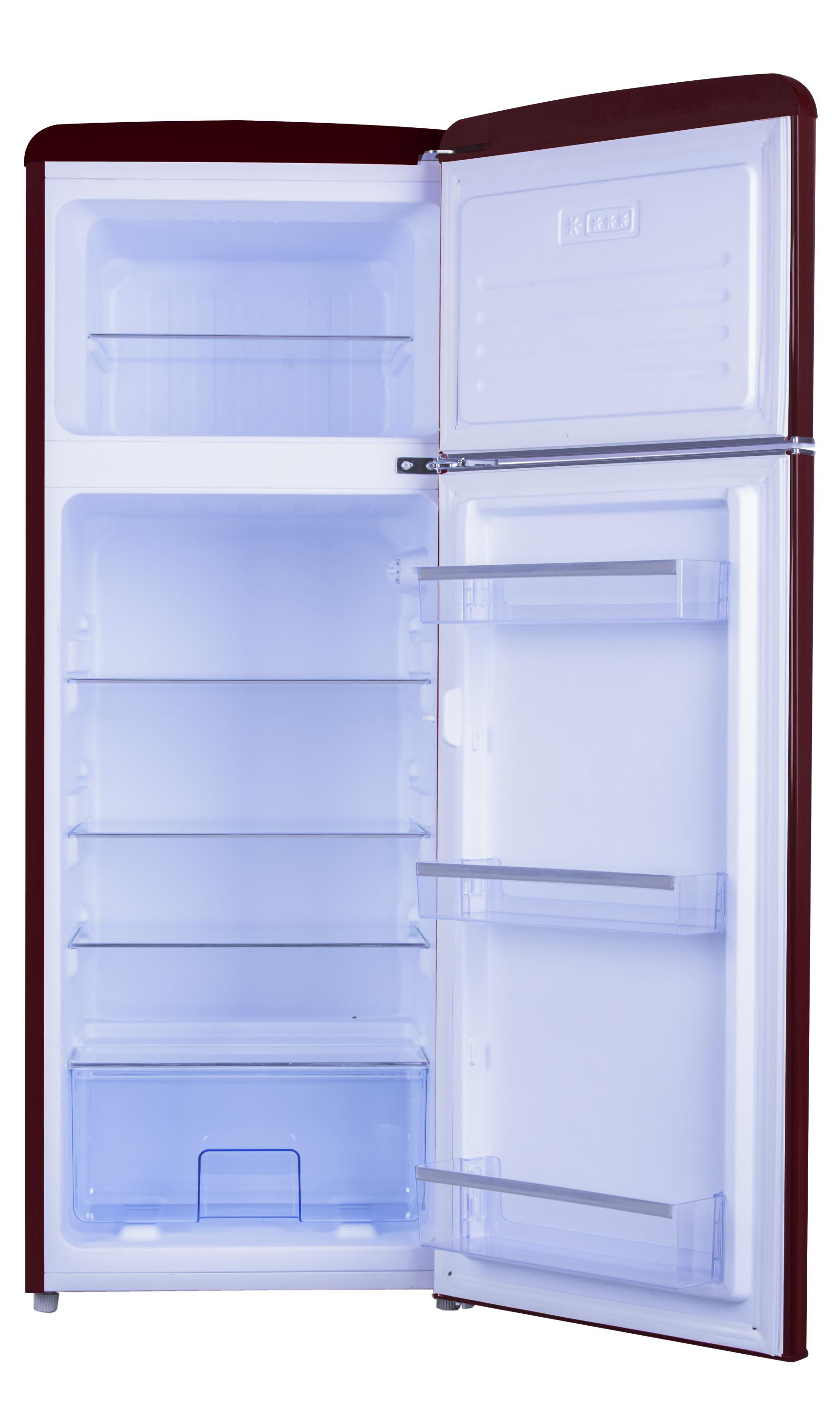 Ein Kühlschrank im Vintage-Stil mit offener Tür. Im Inneren befinden sich Regale und eine Gemüseschublade.