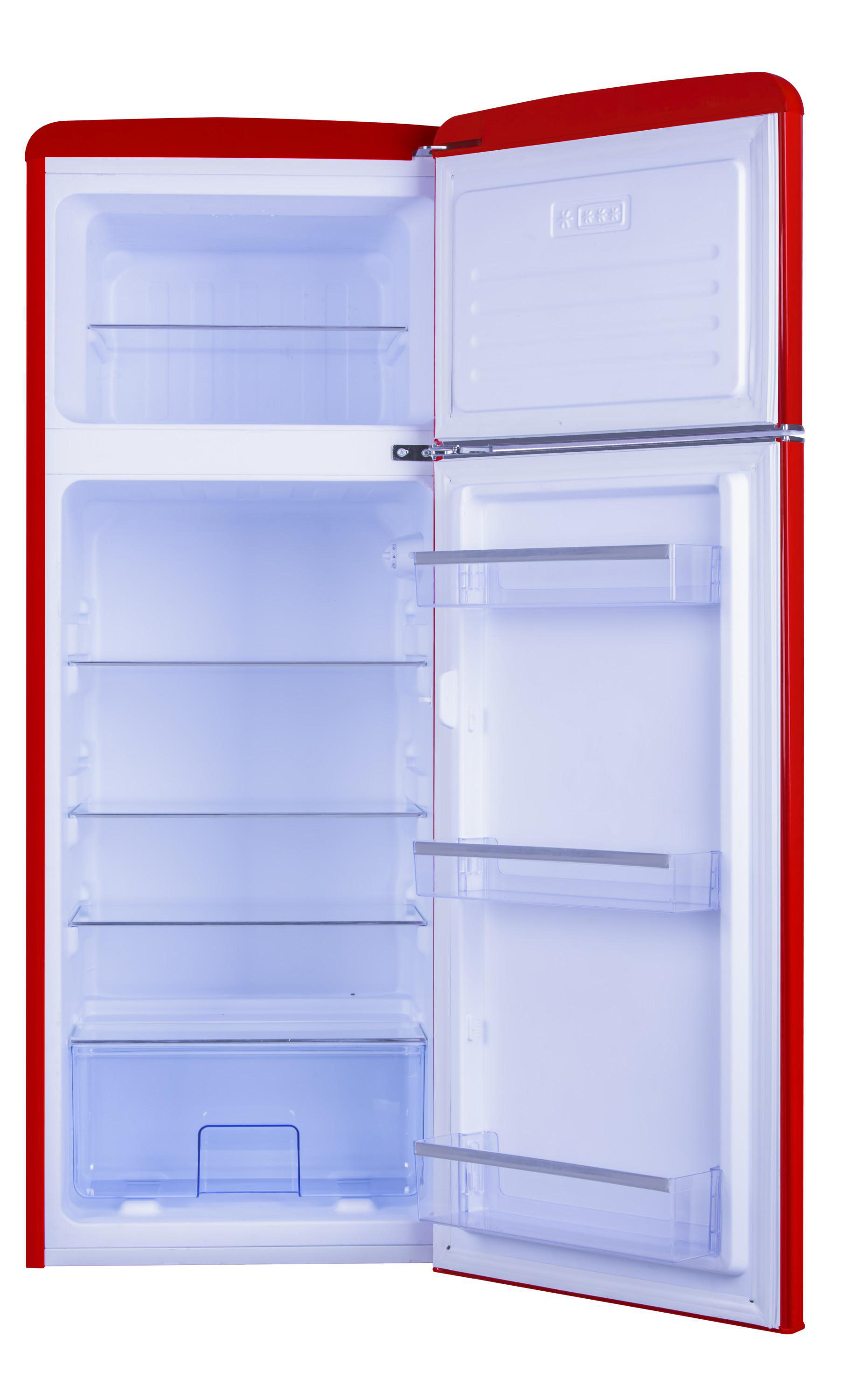Roter Kühlschrank mit offener Tür. Regale und Schubladen sind im Inneren sichtbar.