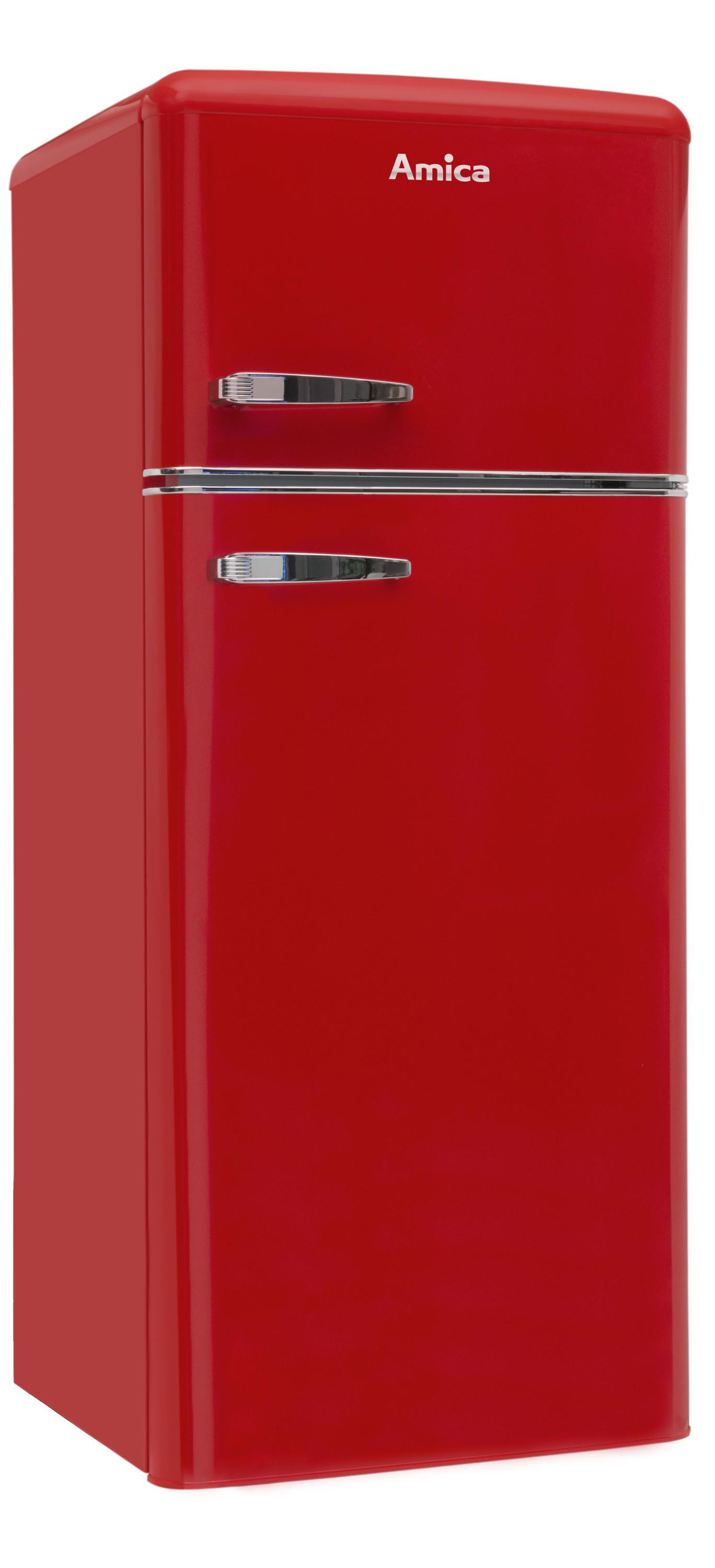 Roter Retro-Kühlschrank mit weißer Oberseite, silbernen Griffen und Hochglanz-Finish.