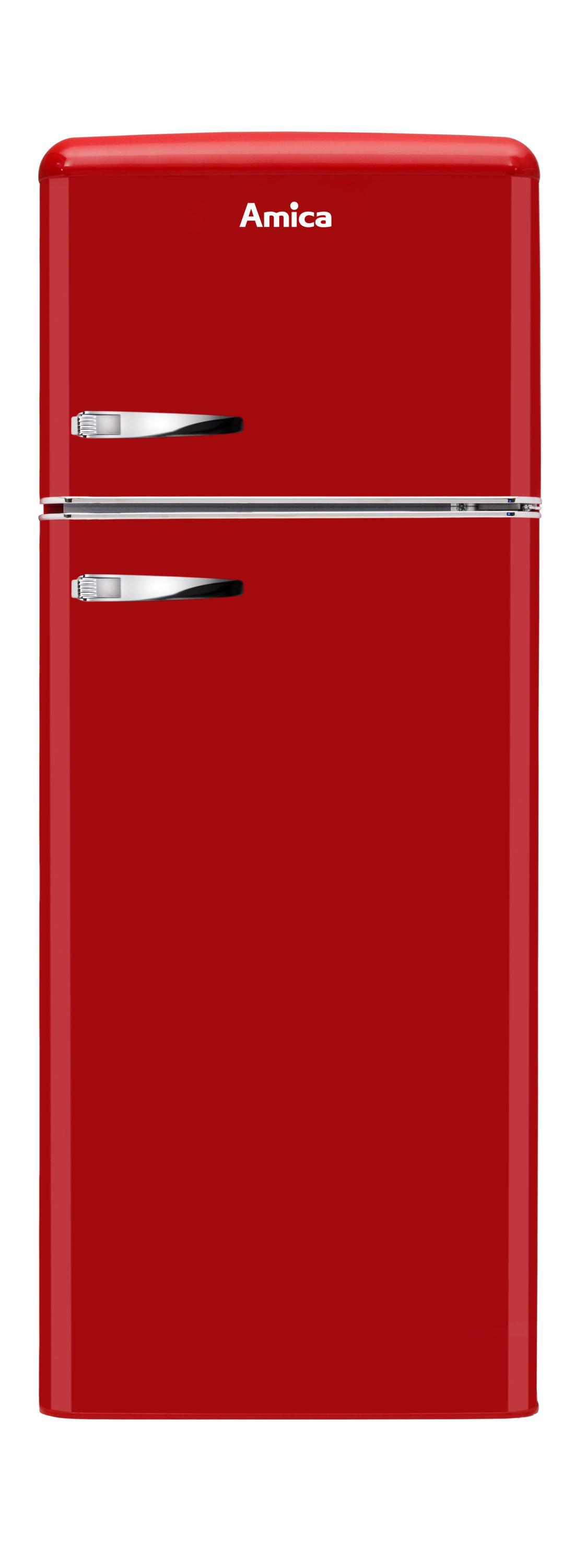 Ein roter Retro-Kühlschrank mit dem Markennamen Amica darauf.