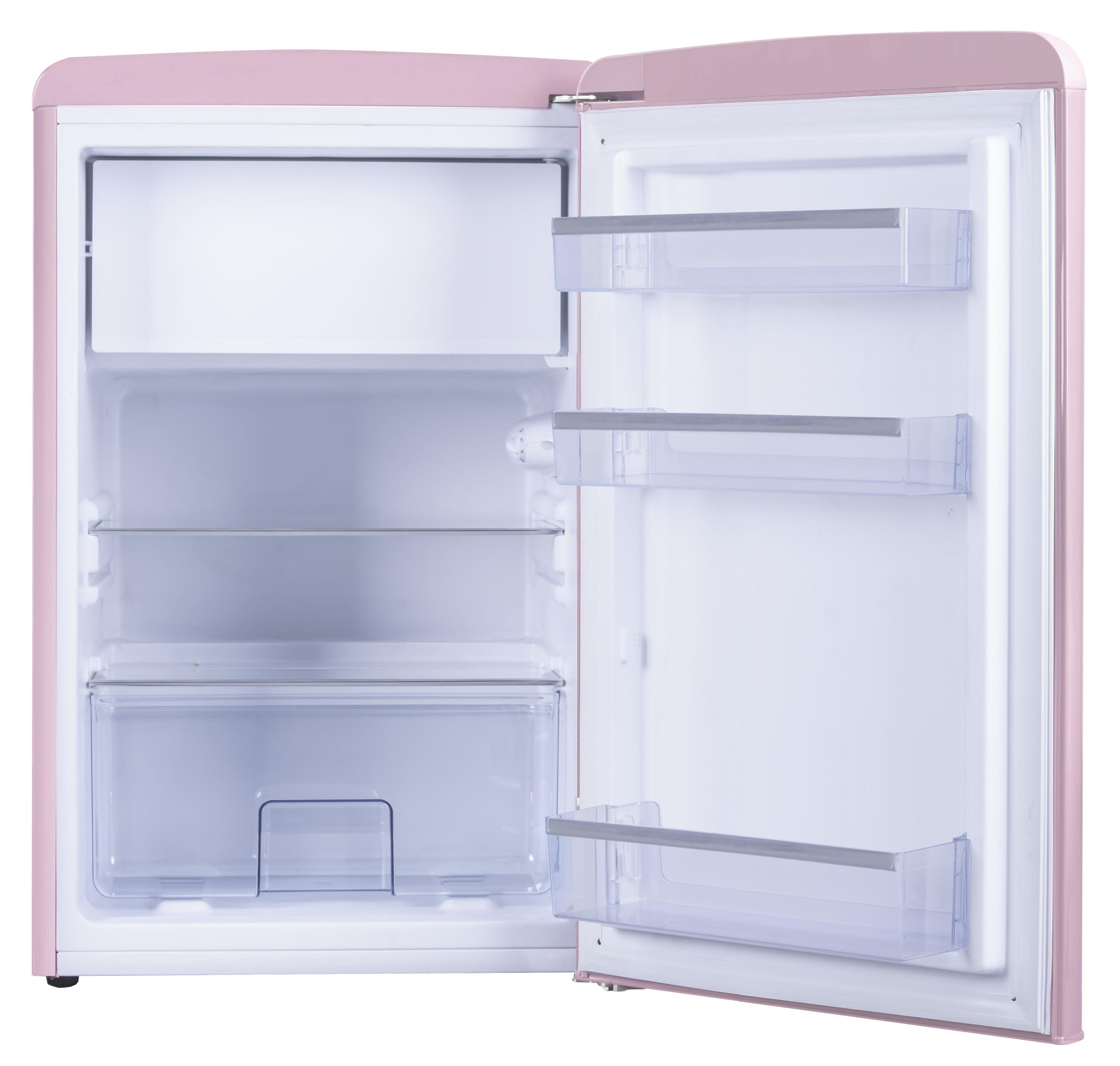 Rosa Retro-Kühlschrank mit offener Tür. Regale und Schubladen innen sichtbar.