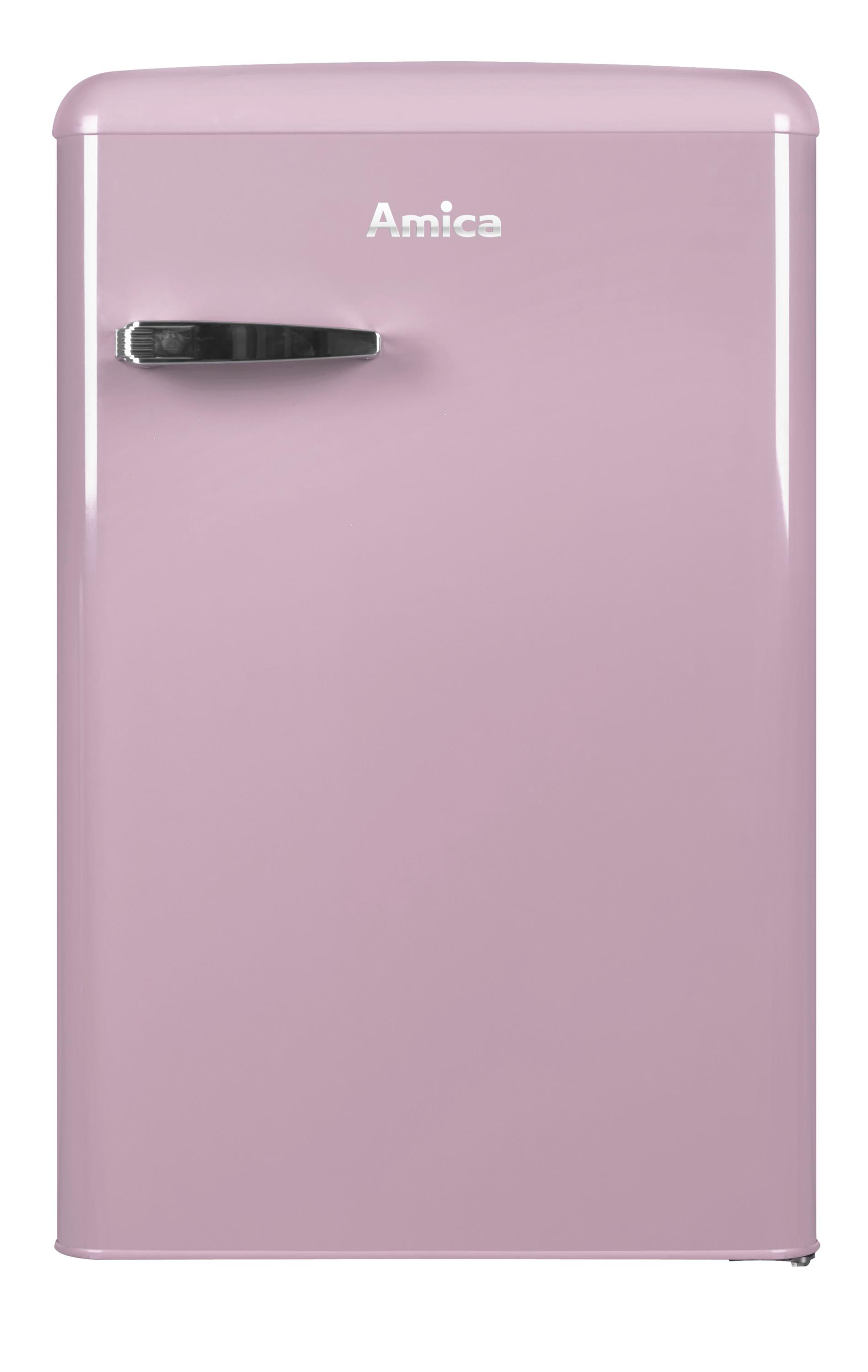 Rosa Retro-Kühlschrank mit silbernem Griff und dem Markennamen 'Amica' auf der Tür.