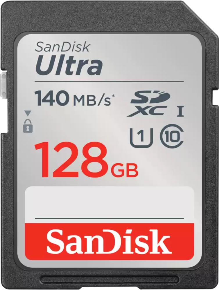Carte SD SanDisk Ultra. Elle est noire et rouge avec du texte décrivant ses caractéristiques.