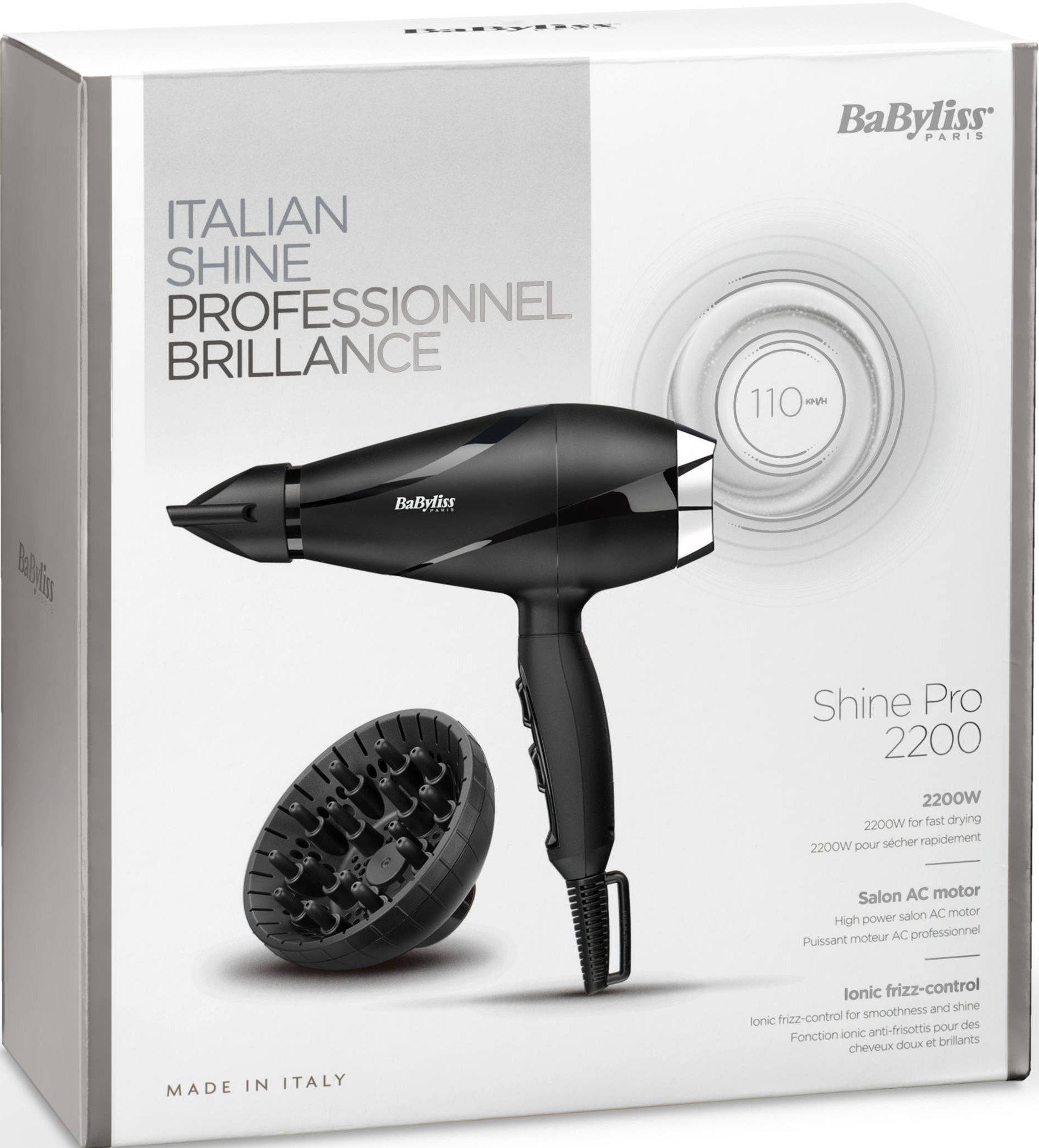 Haartrockner in einer Schachtel mit der Marke BaByliss und einem Diffusor.