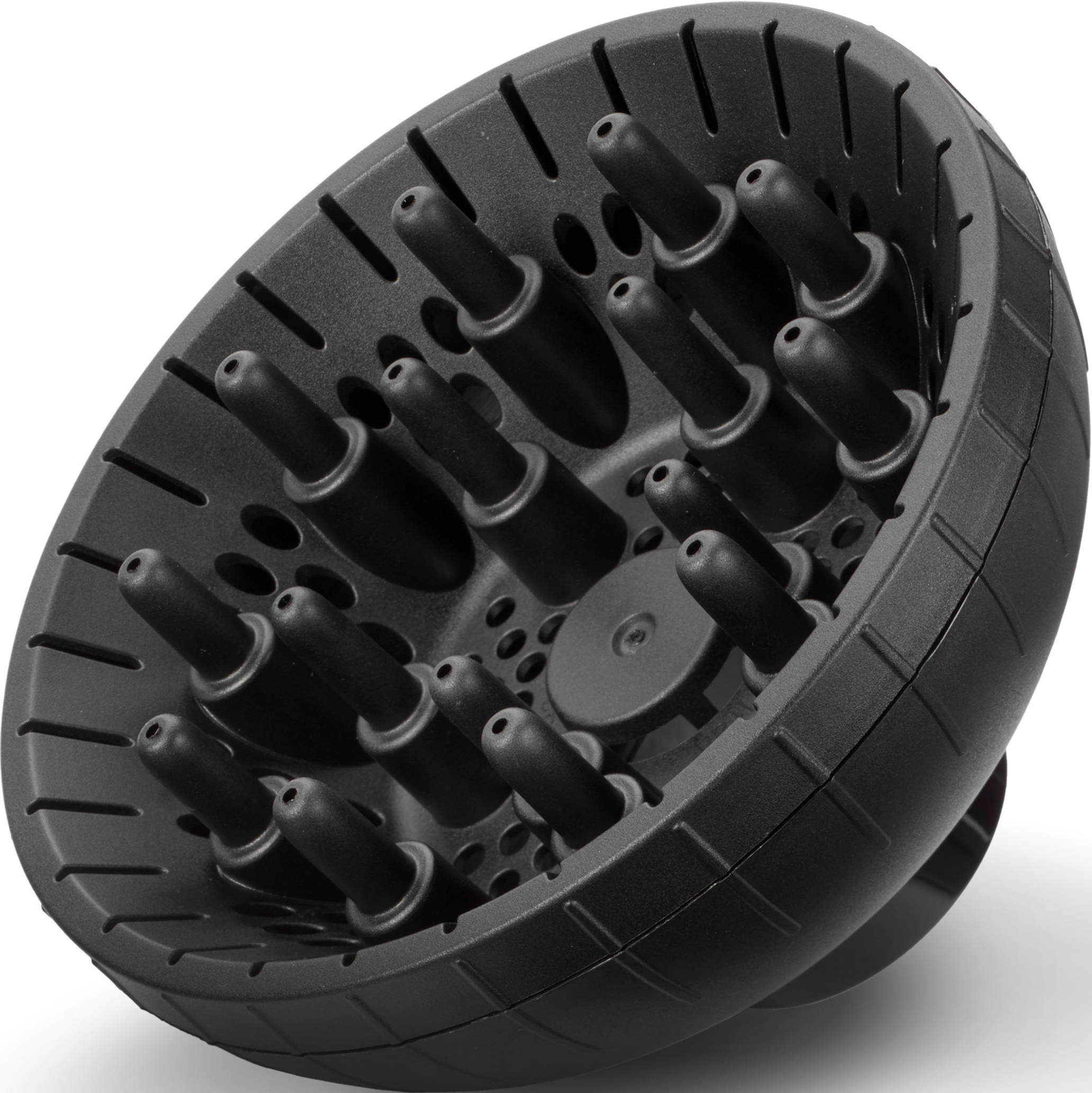 Schwarzer Haartrockner-Diffusoraufsatz. Es hat zahlreiche Düsen und ein kreisförmiges Design.