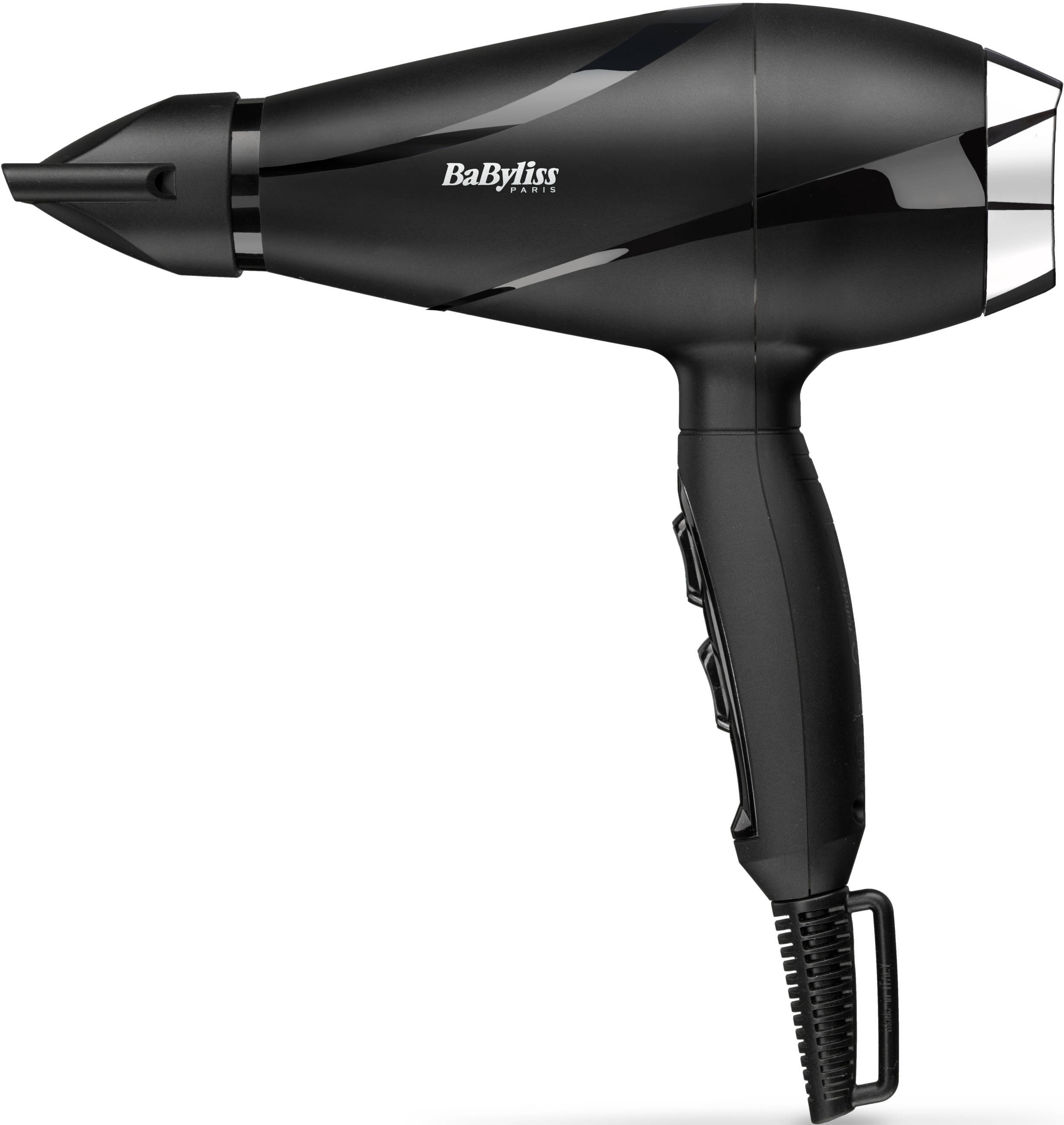 Schwarzer Haartrockner, schräge Ansicht, mit 'BaByliss Paris'-Marke und Knöpfen.