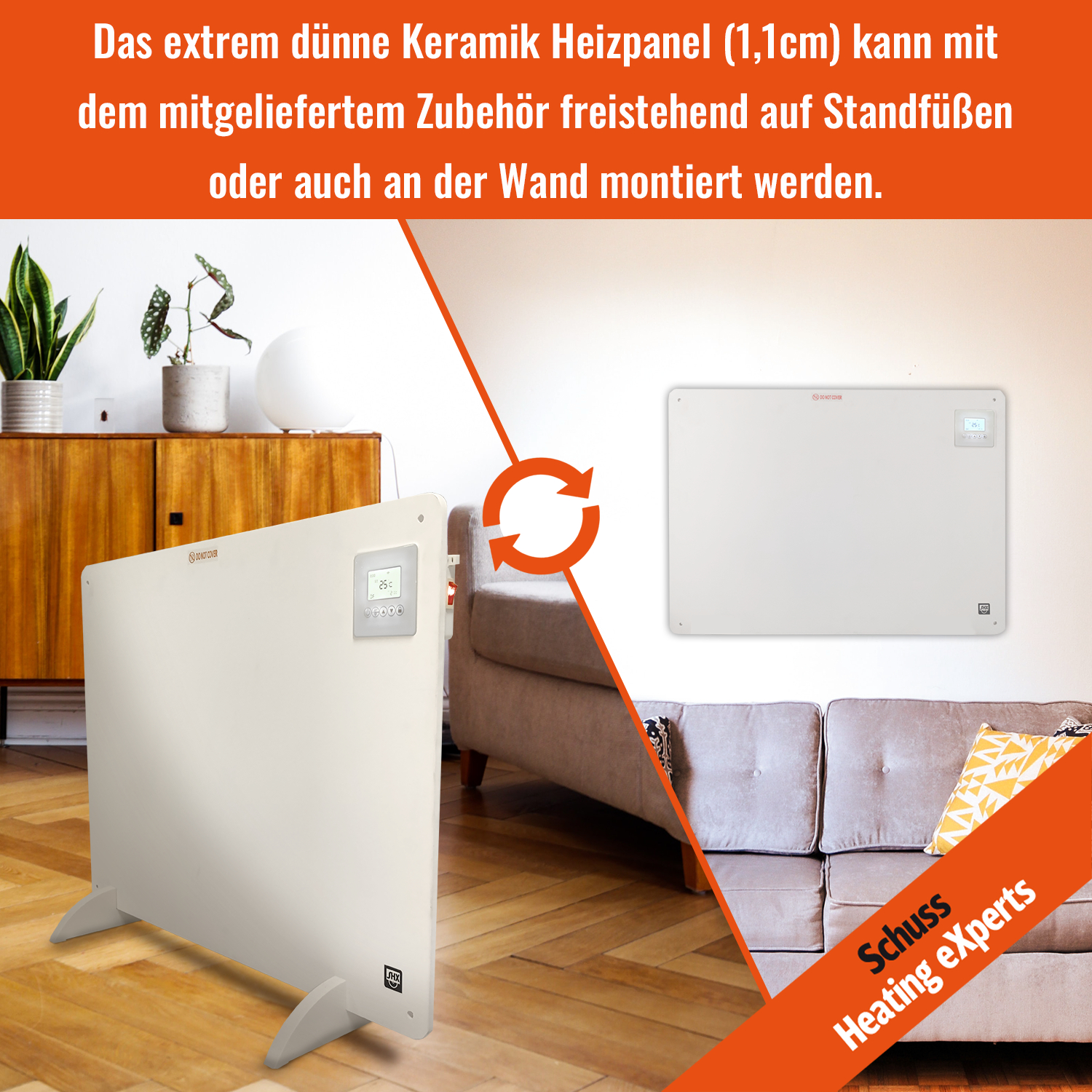 Ein Wandheizkörper und ein Standheizkörper mit Couch im Hintergrund.