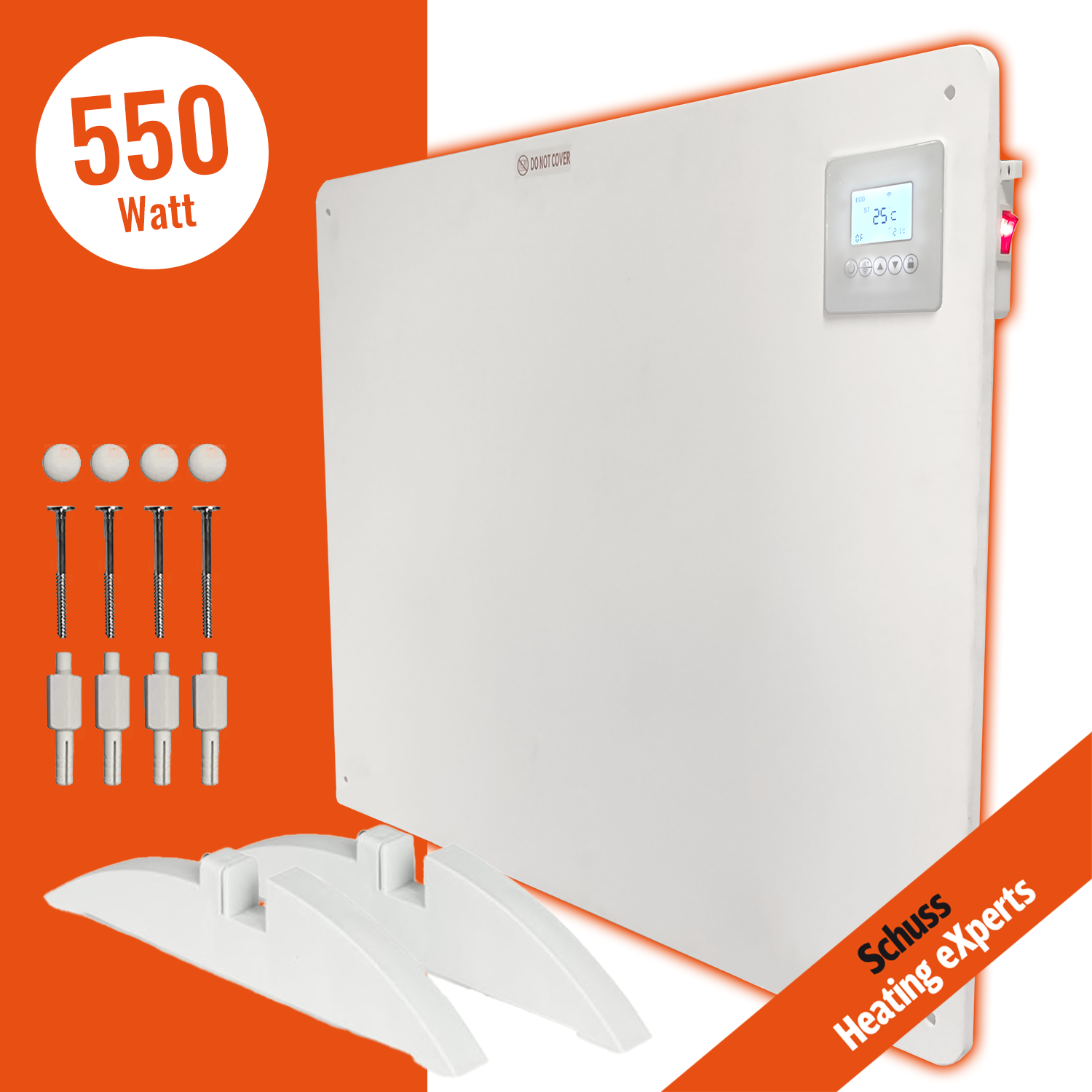 Weißer Elektroheizer, mit Komponenten und Verpackung. Oranger Hintergrund.