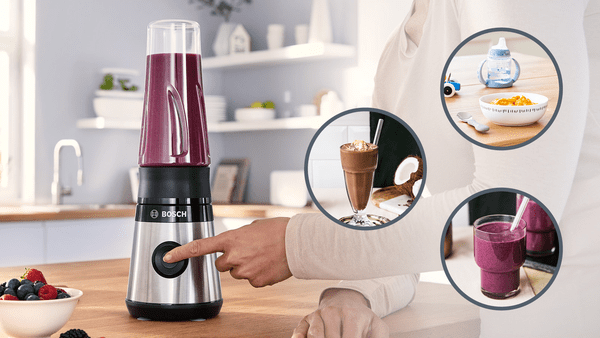 Dairesel çerçevelerde birden fazla smoothie ve bebek maması görüntüsü olan bir Bosch blender.
