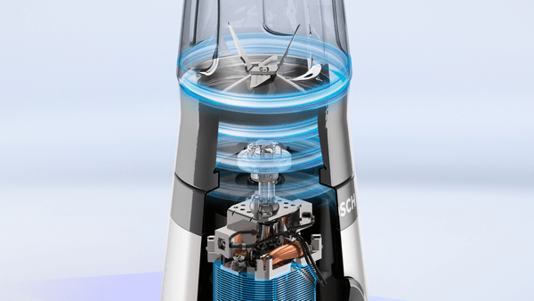 Mavi arka planda bıçakları ve motoru gösteren bir blender.