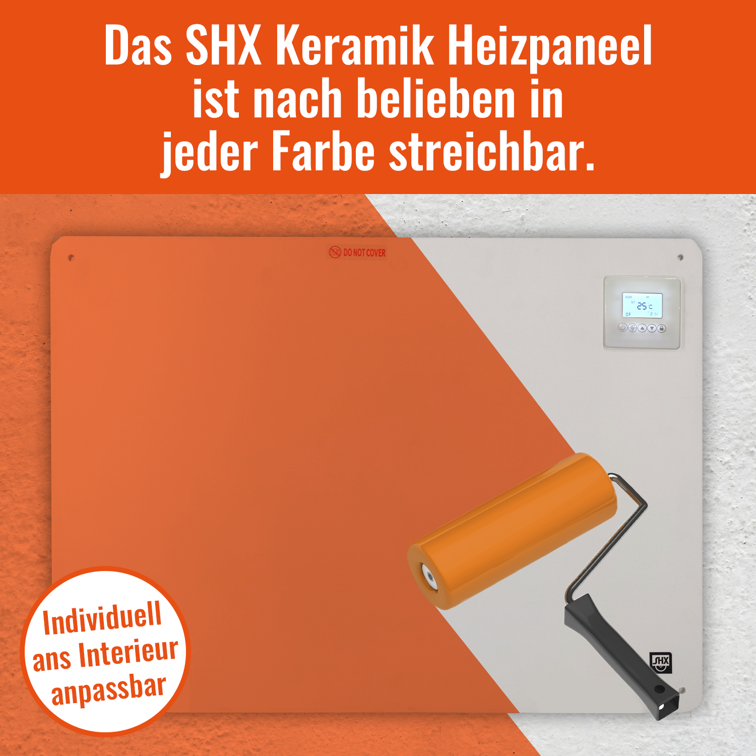 Weißes und oranges Heizpaneel mit Rolle, Text auf Deutsch.