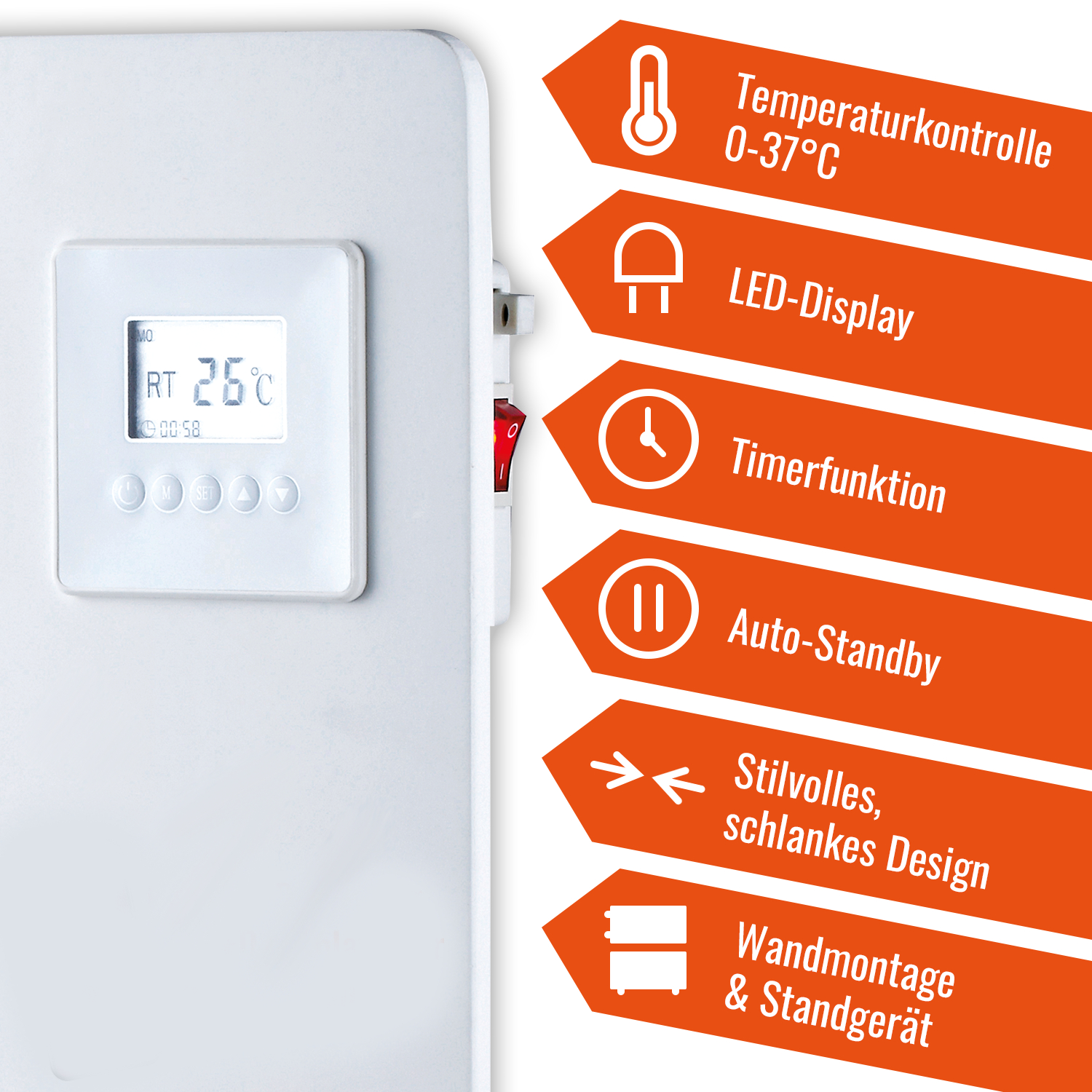 Ein weißer Heizkörper mit Digitalanzeige zeigt 26°C und Symbole an. Text hebt Funktionen hervor.