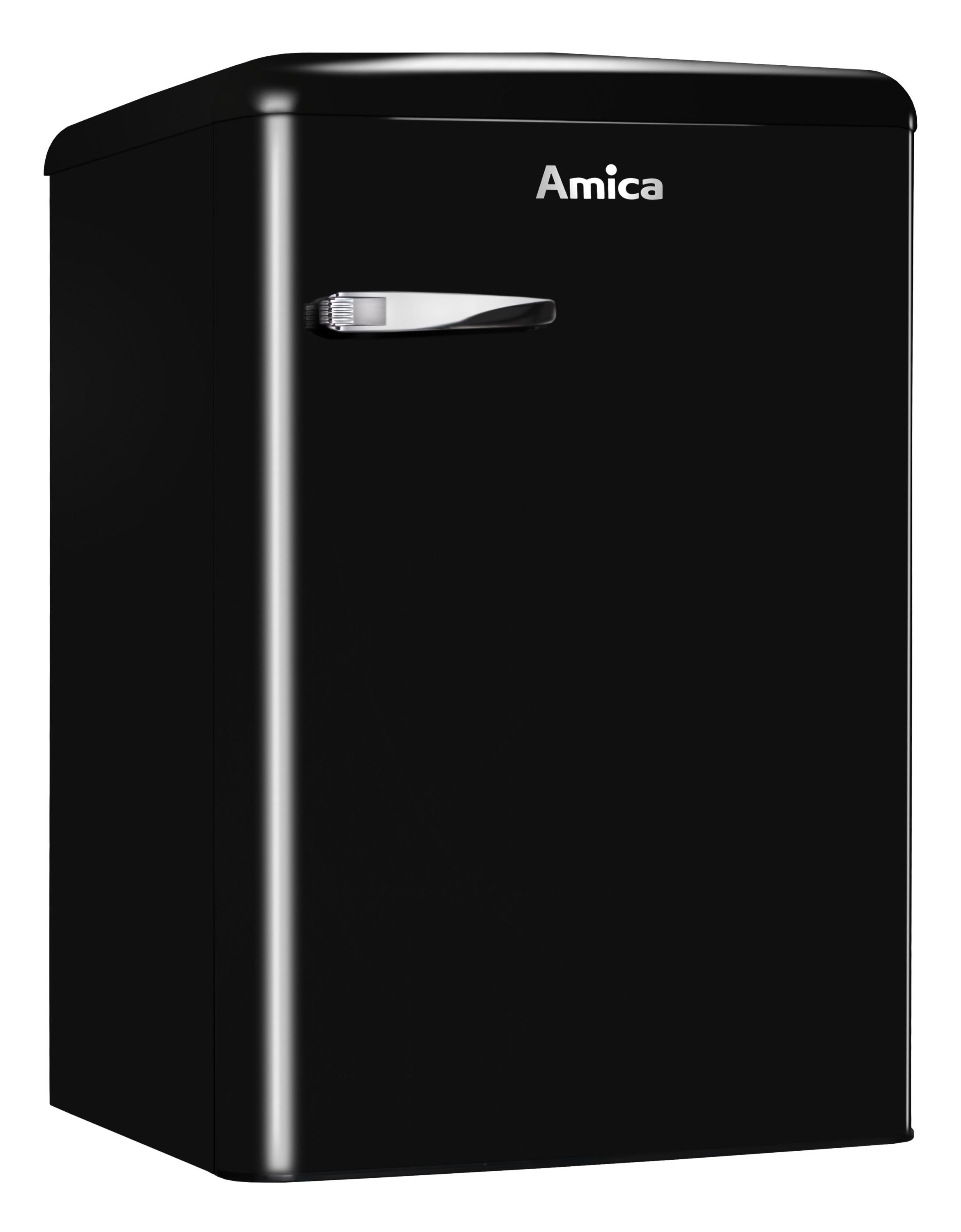 Schwarzer Amica-Kühlschrank mit Chromgriff, das Wort Amica ist oben sichtbar.