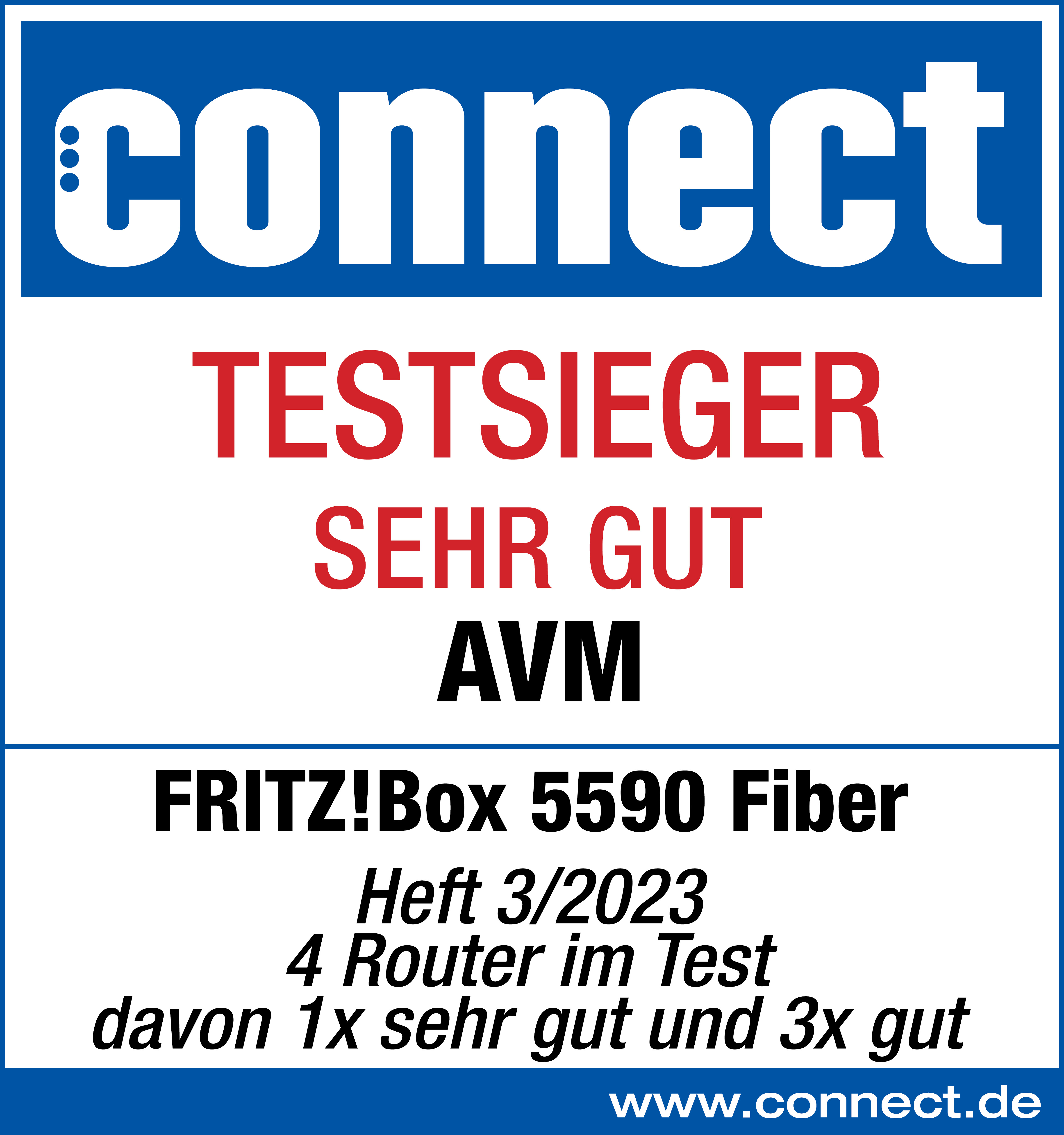 Connect-Abzeichen: Testsieger, AVM F!ritz!Box 5590 Fiber, Bewertung Sehr Gut.