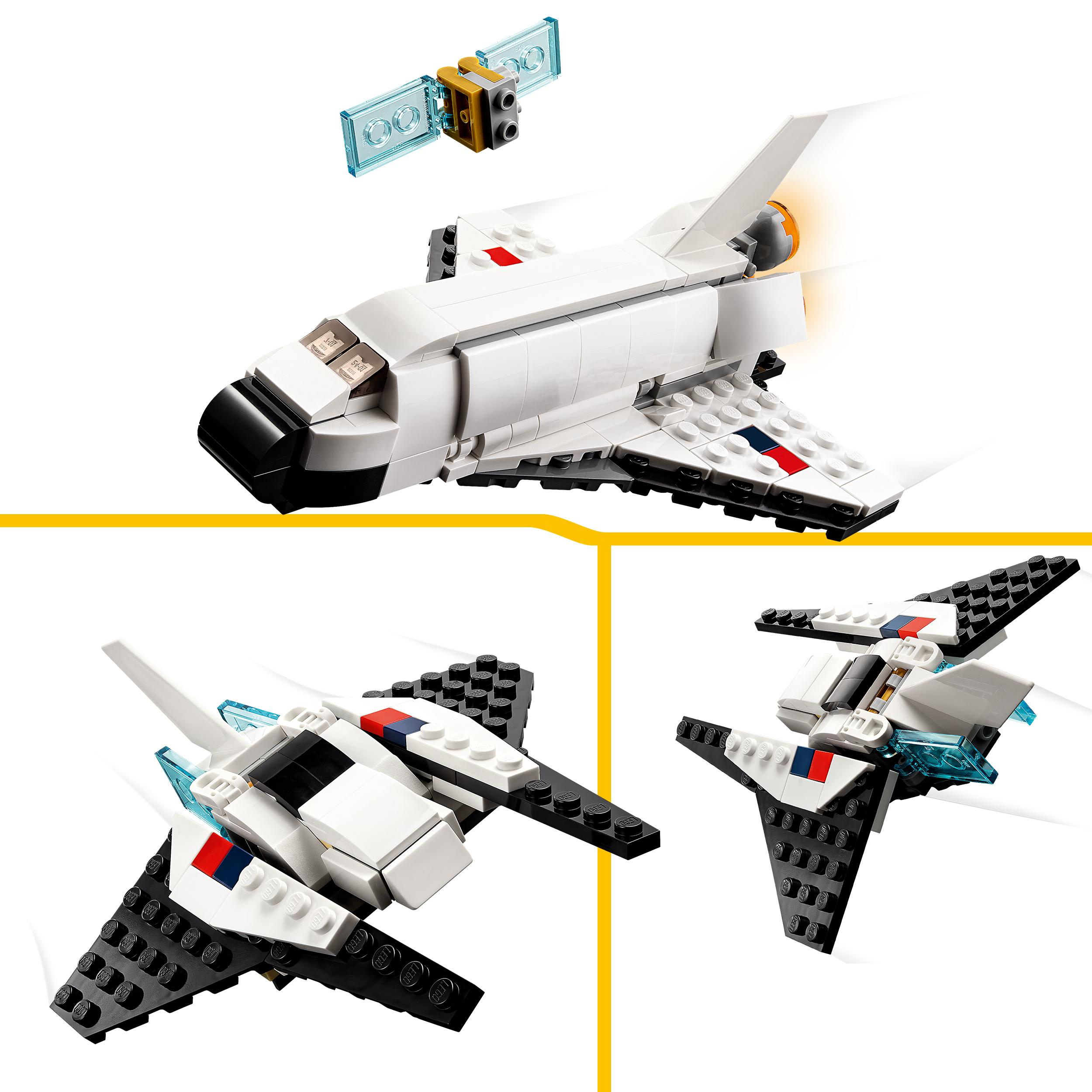Lego-Weltraumfähre-Modell mit Satellit. Drei Ansichten. Weiß und Schwarz mit roten und blauen Akzenten.