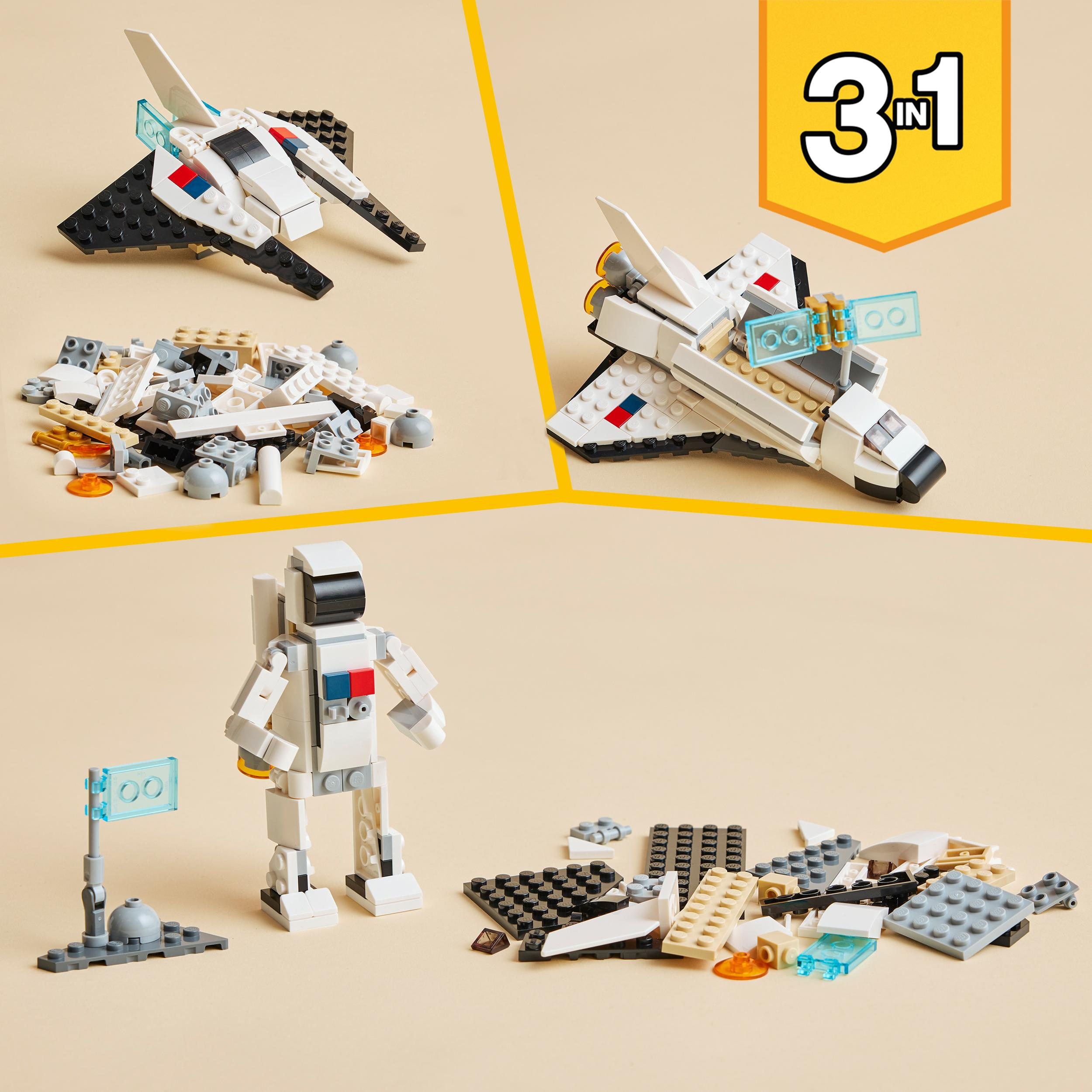Lego-Set mit Space Shuttle, Astronaut und Teilen. Drei verschiedene Aufbauten.