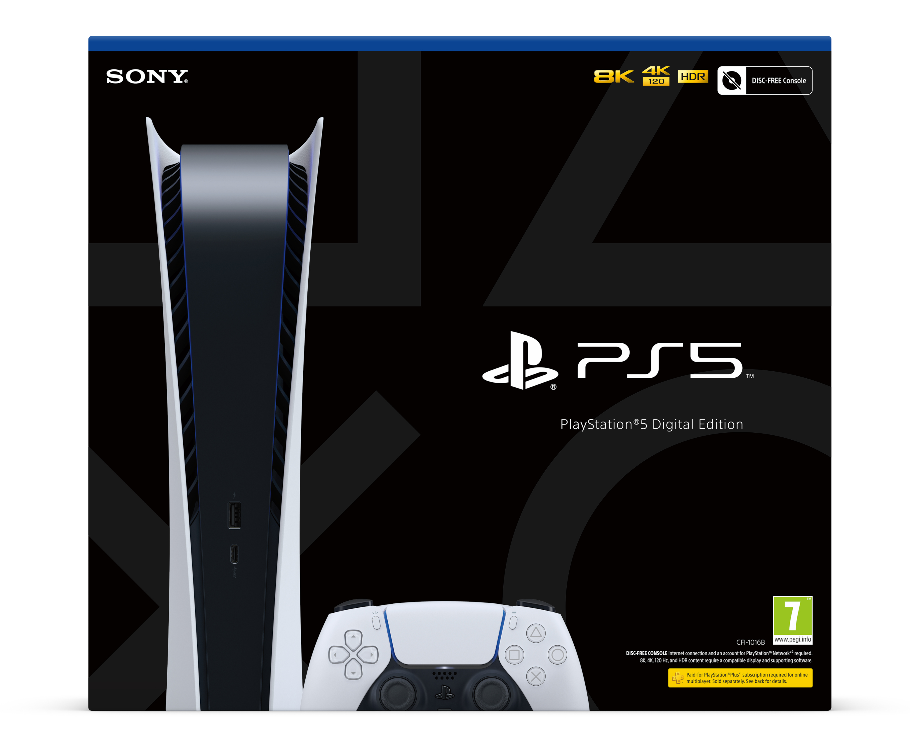 Caja y mando de PlayStation 5 sobre fondo negro. Consola sin disco.