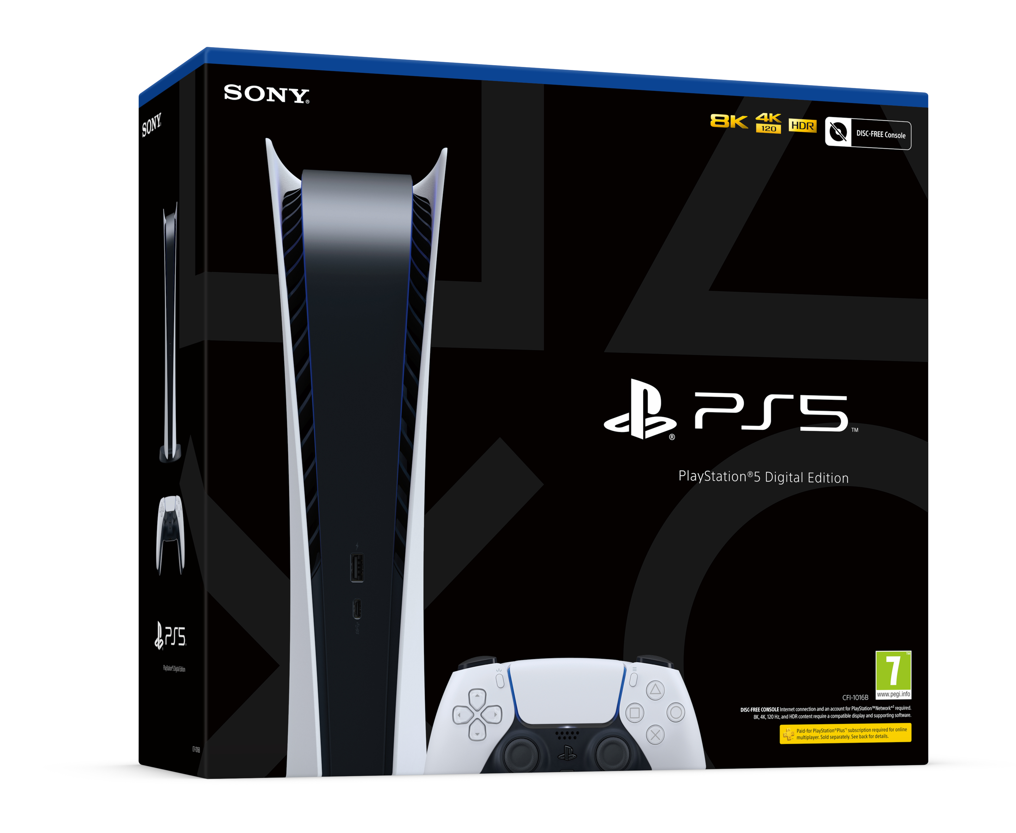 Caja de la edición digital de PlayStation 5. Caja negra con consola y mando representados.