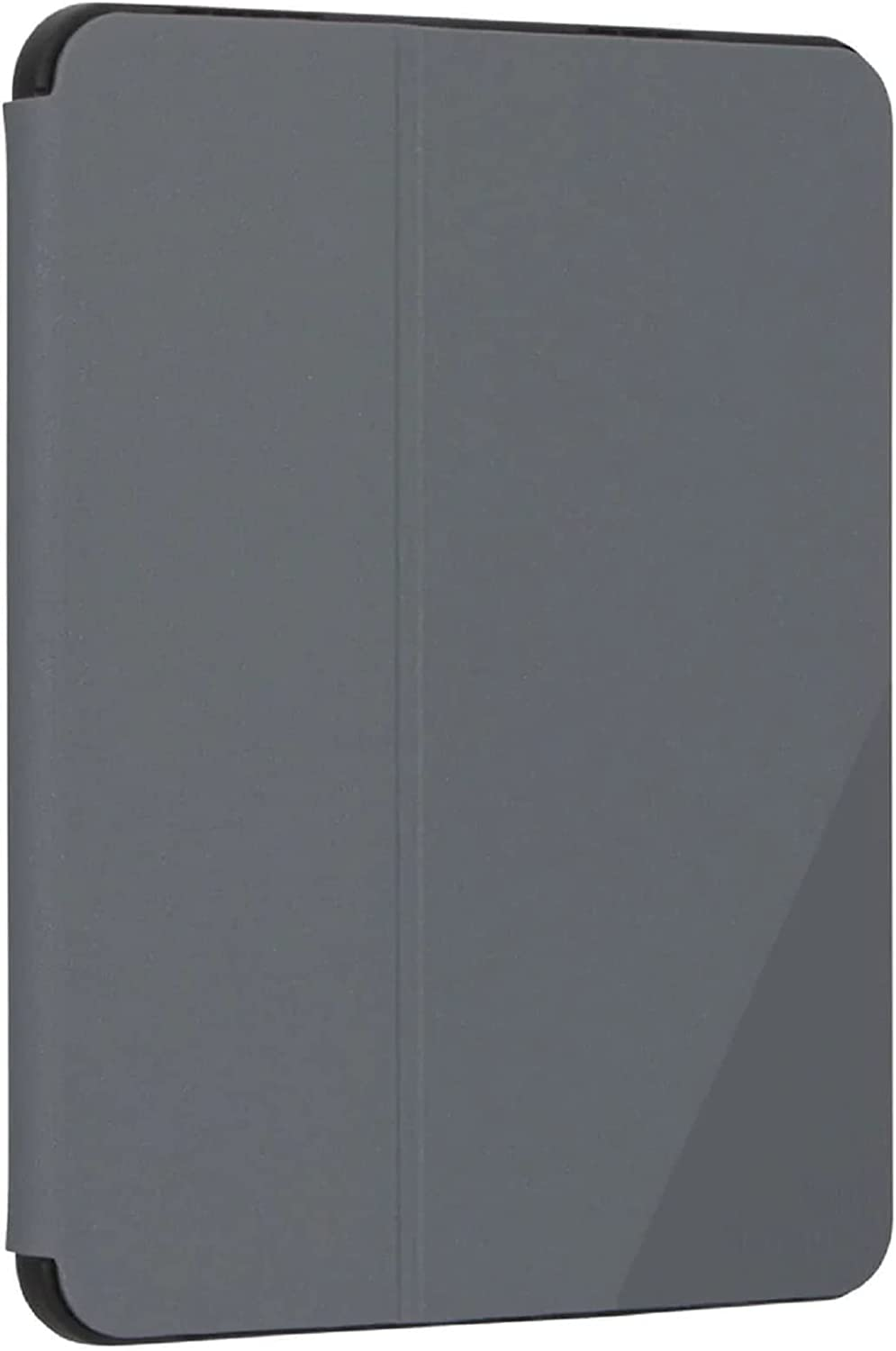 Funda gris para tableta, cerrada. Forma rectangular vertical. Borde negro.