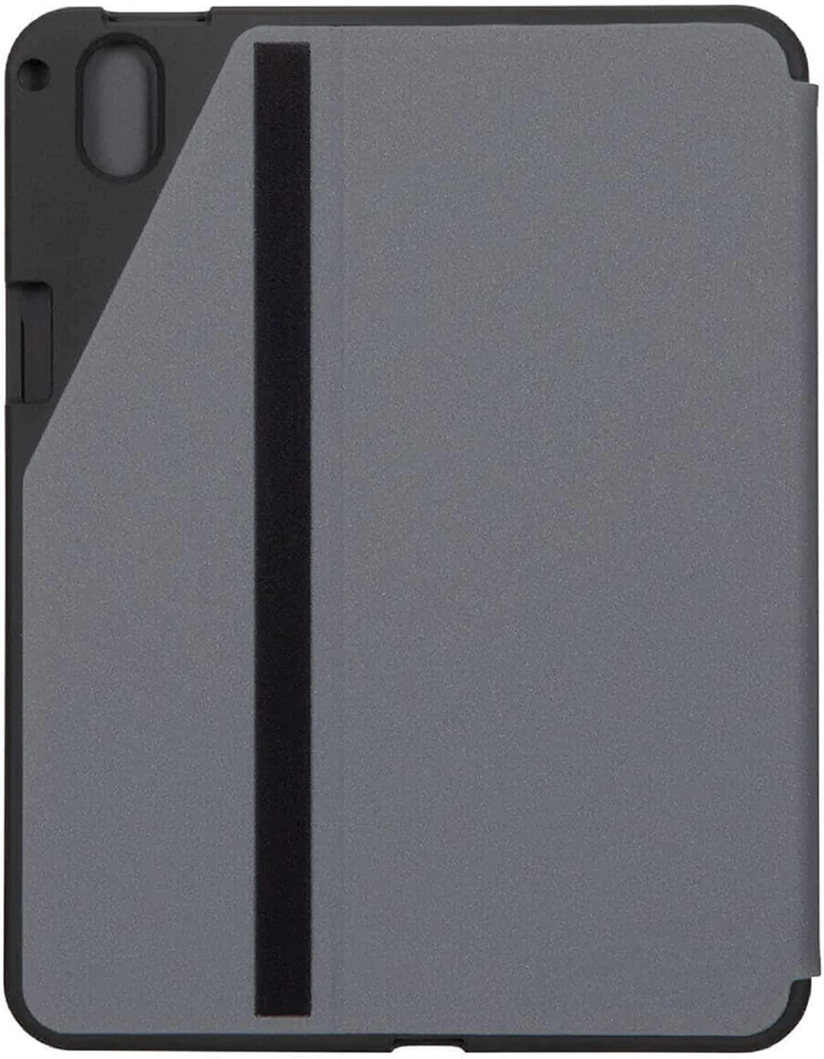 Funda de tableta, cubierta gris con una correa negra.