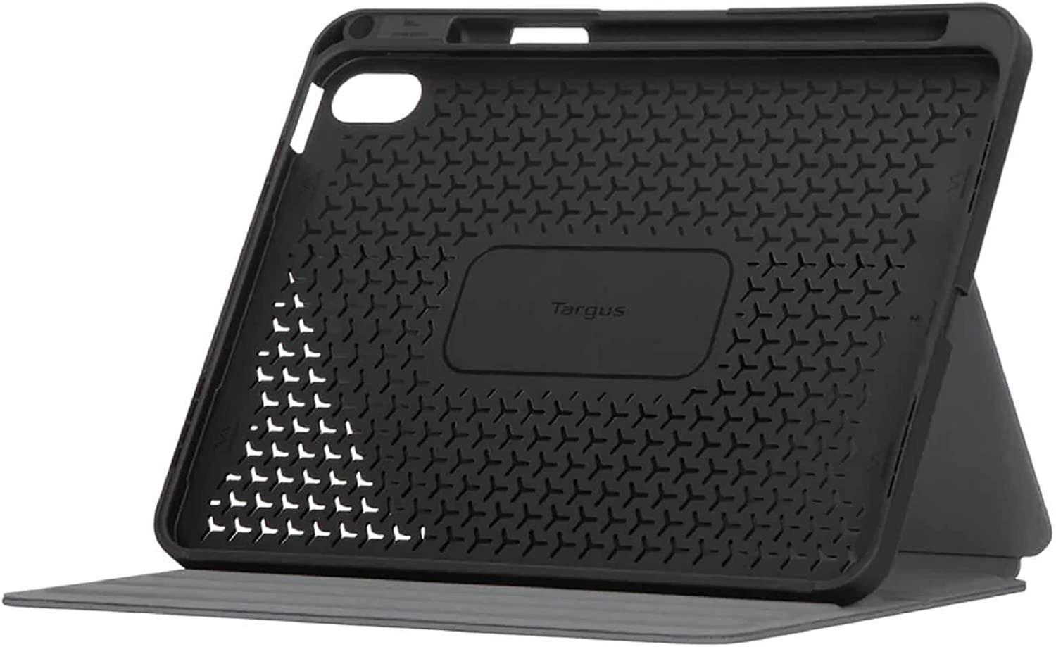 La imagen muestra una funda Targus negra para tableta, con función de soporte.