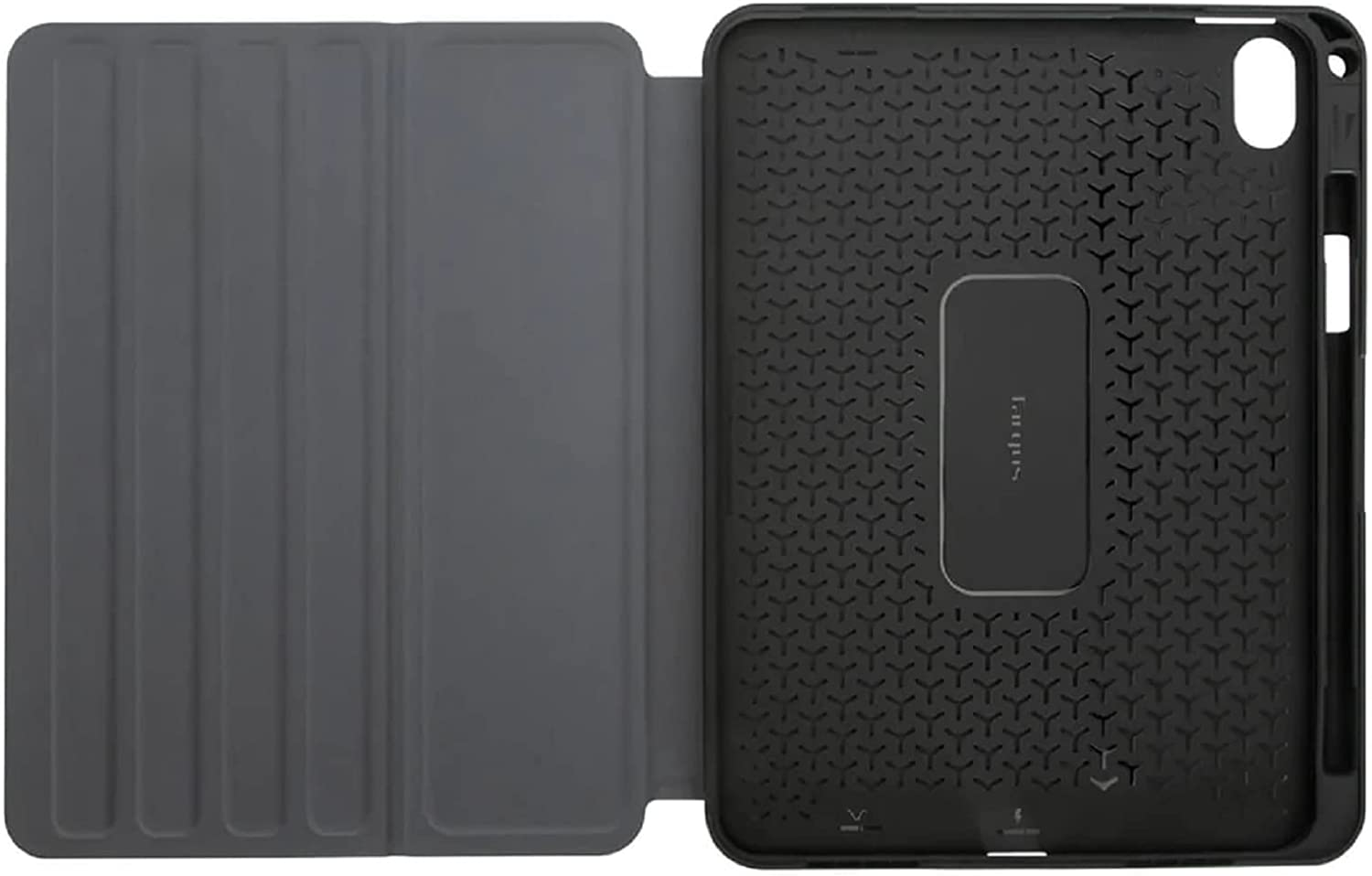 Estuche gris para iPad abierto con interior negro.