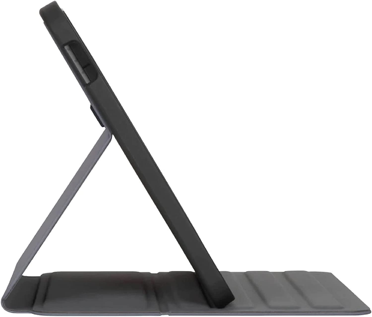 Vista lateral de una tableta en una funda gris, apoyada para su visualización.