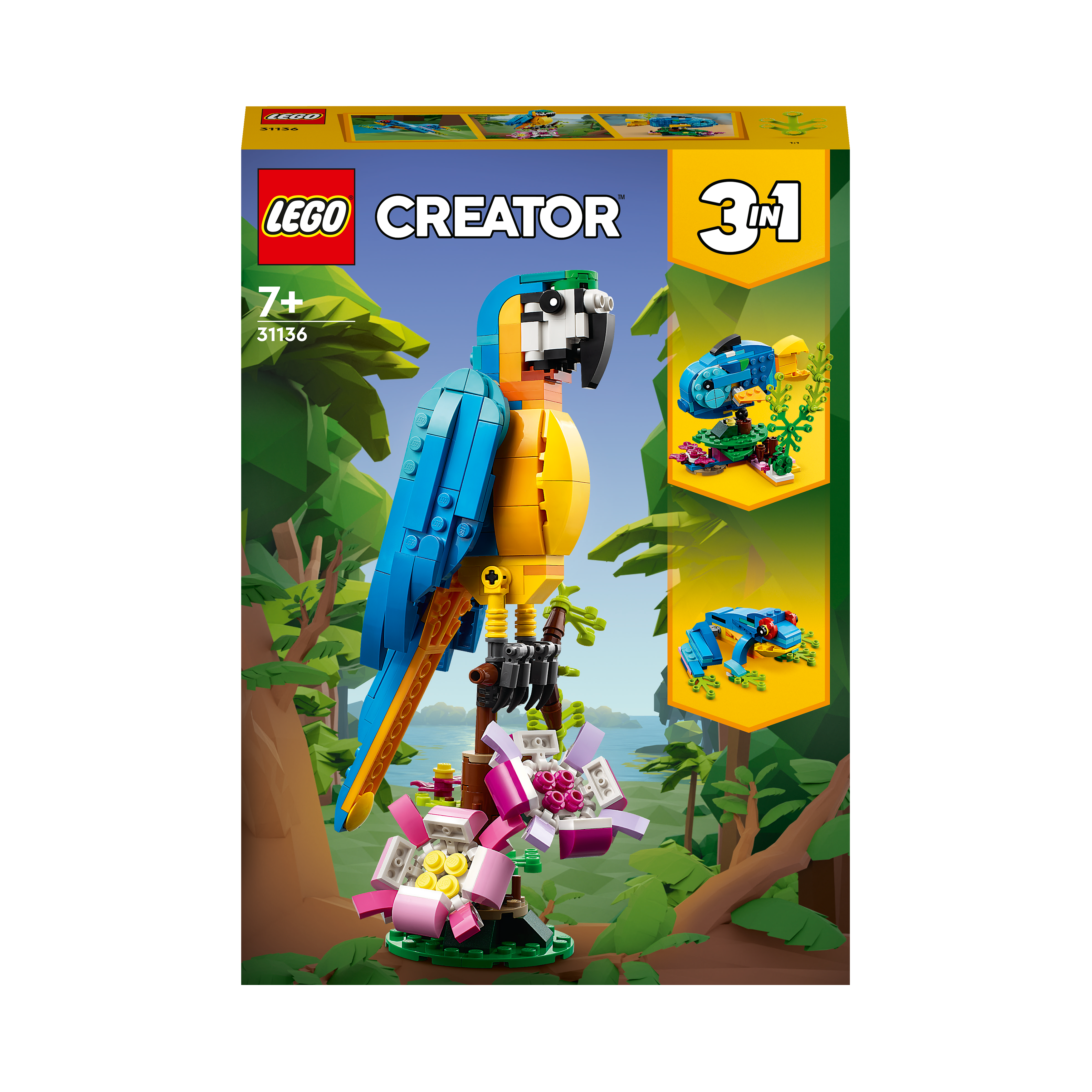 Eine Lego-Box mit einem blau-gelben Papagei und alternativen Bauweisen eines Frosches.
