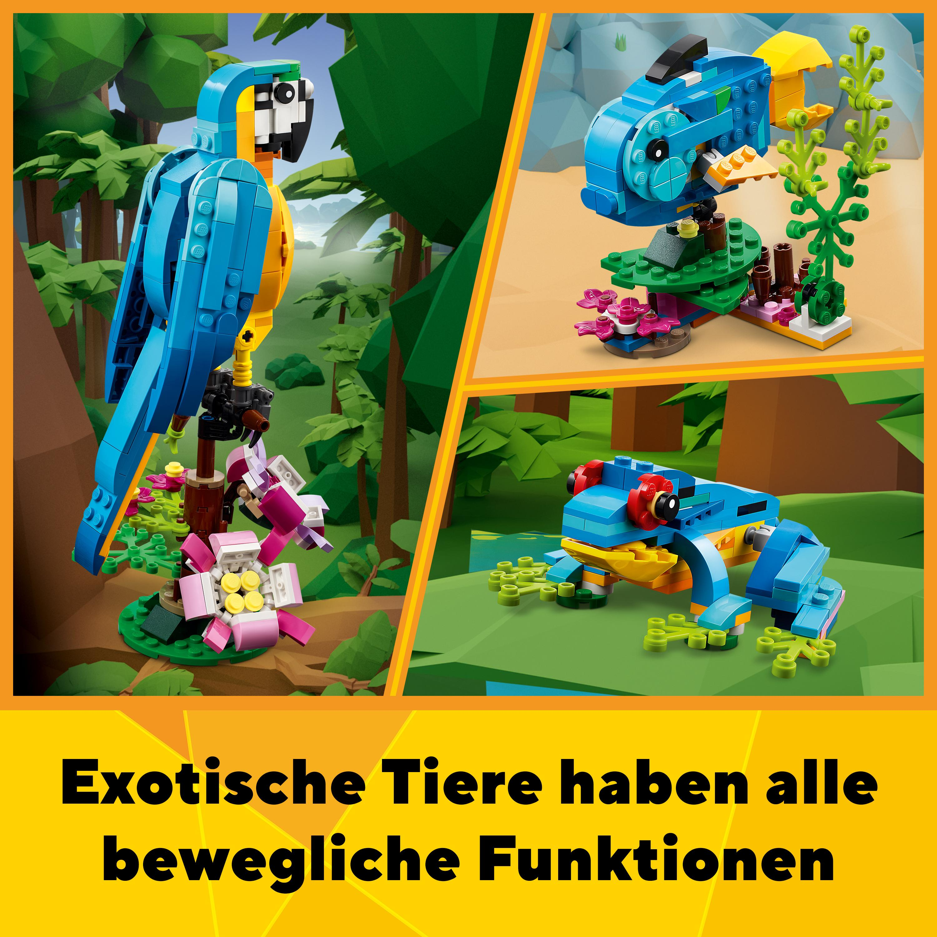 Lego-Set mit bunten Papageien, einem Fisch und einem Frosch.